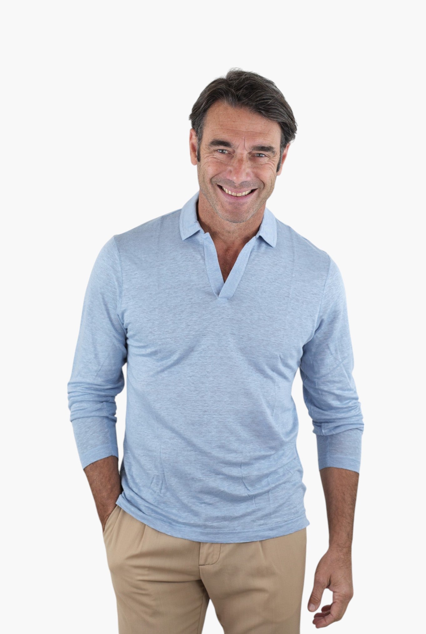 BARBA Polo Maniche Lunghe Jersey Lino Celeste