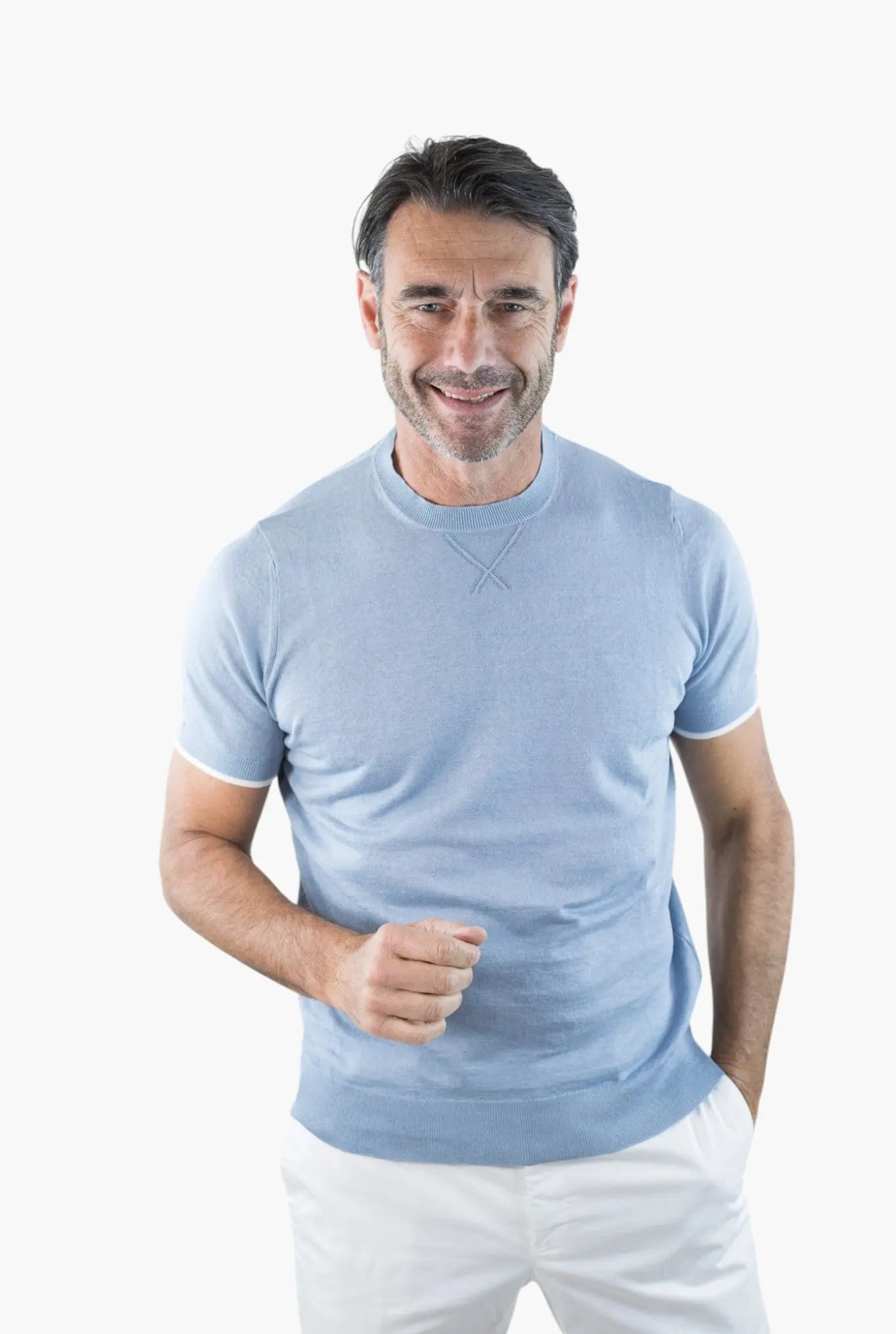 DRUMOHR Girocollo Maniche Corte Cotone Lino Azzurro