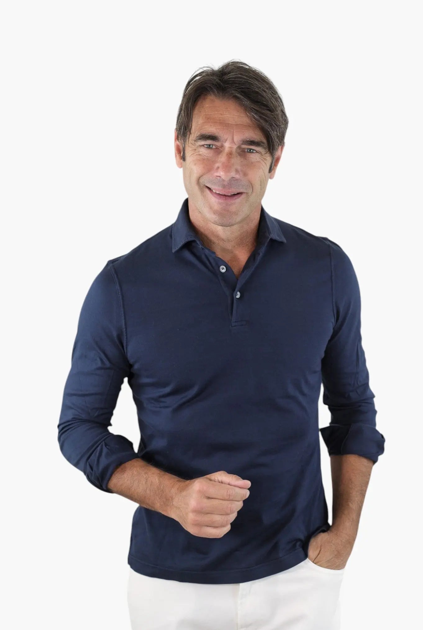 FEDELI Polo Maniche Lunghe Jersey Cotone Blu Navy