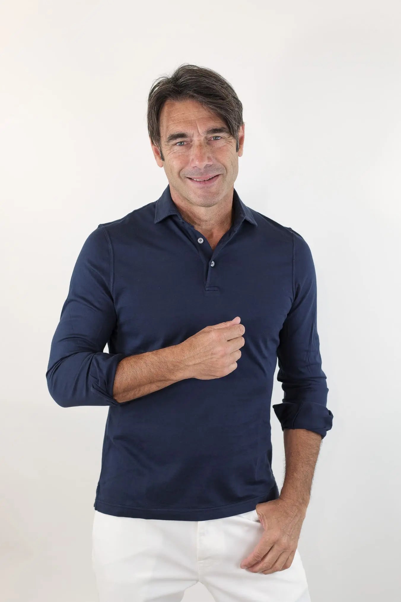 FEDELI Polo Maniche Lunghe Jersey Cotone Blu Navy