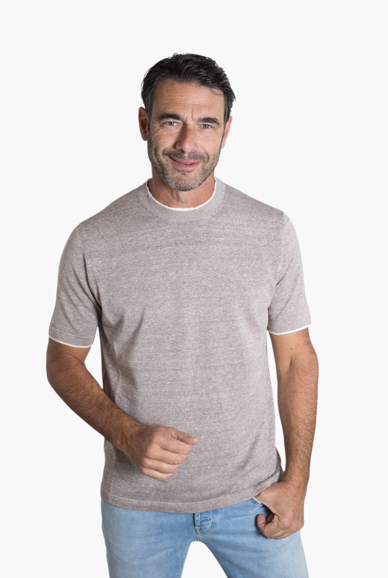 FIORONI Girocollo Doppio Collo Lino Cotone Tortora