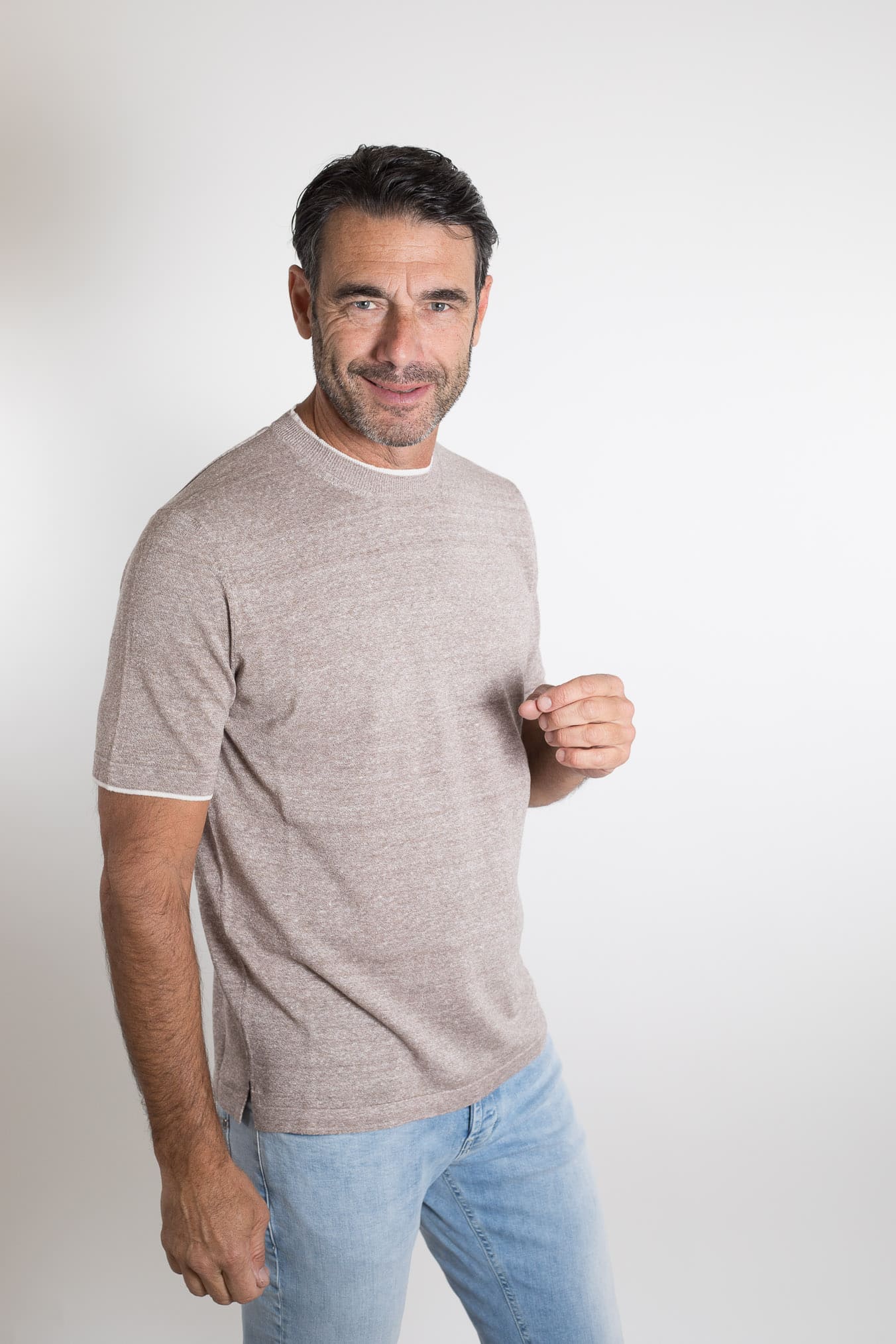 FIORONI Girocollo Doppio Collo Lino Cotone Tortora