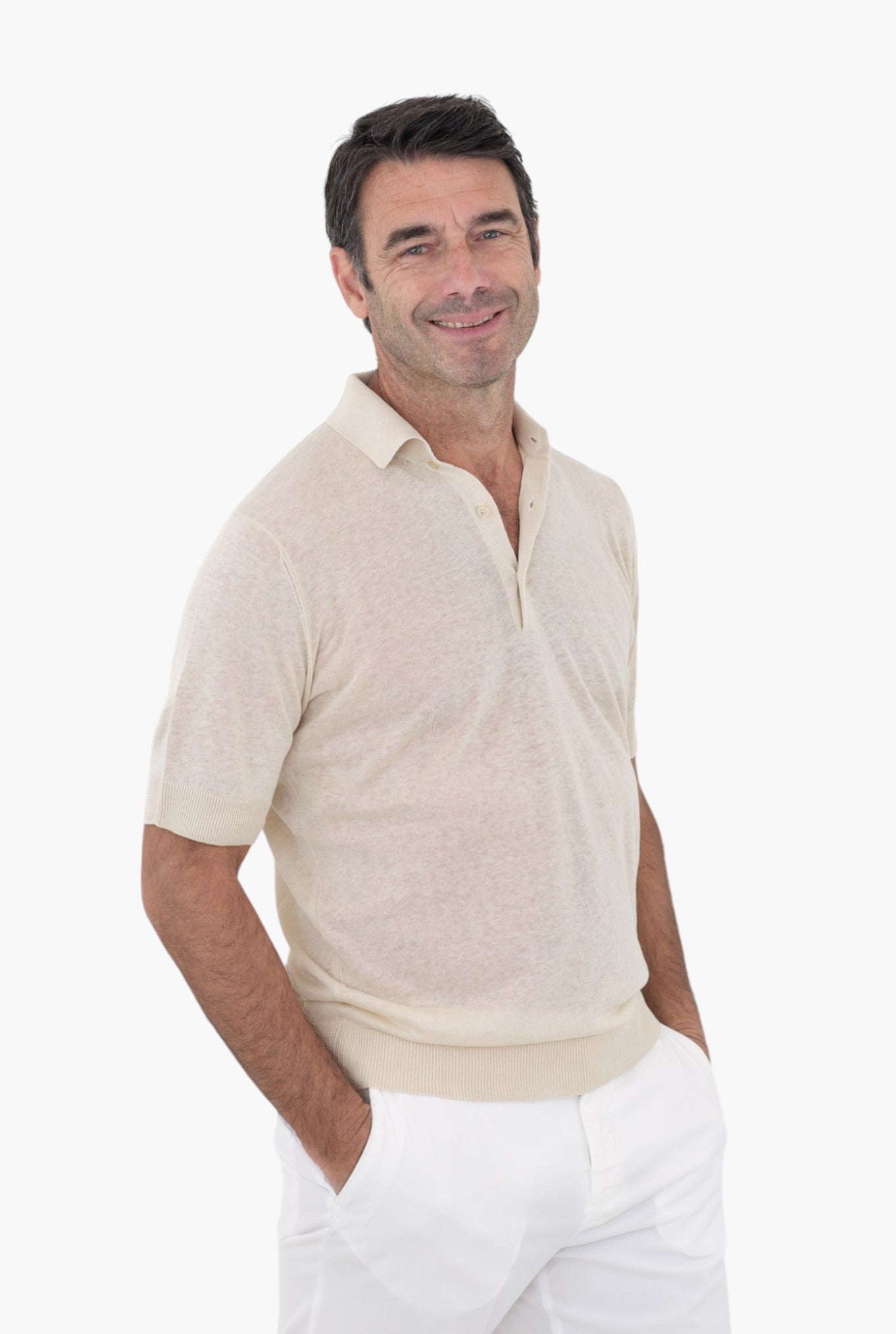 GUARINO Polo Maniche Corte Seta Lino Beige Chiaro