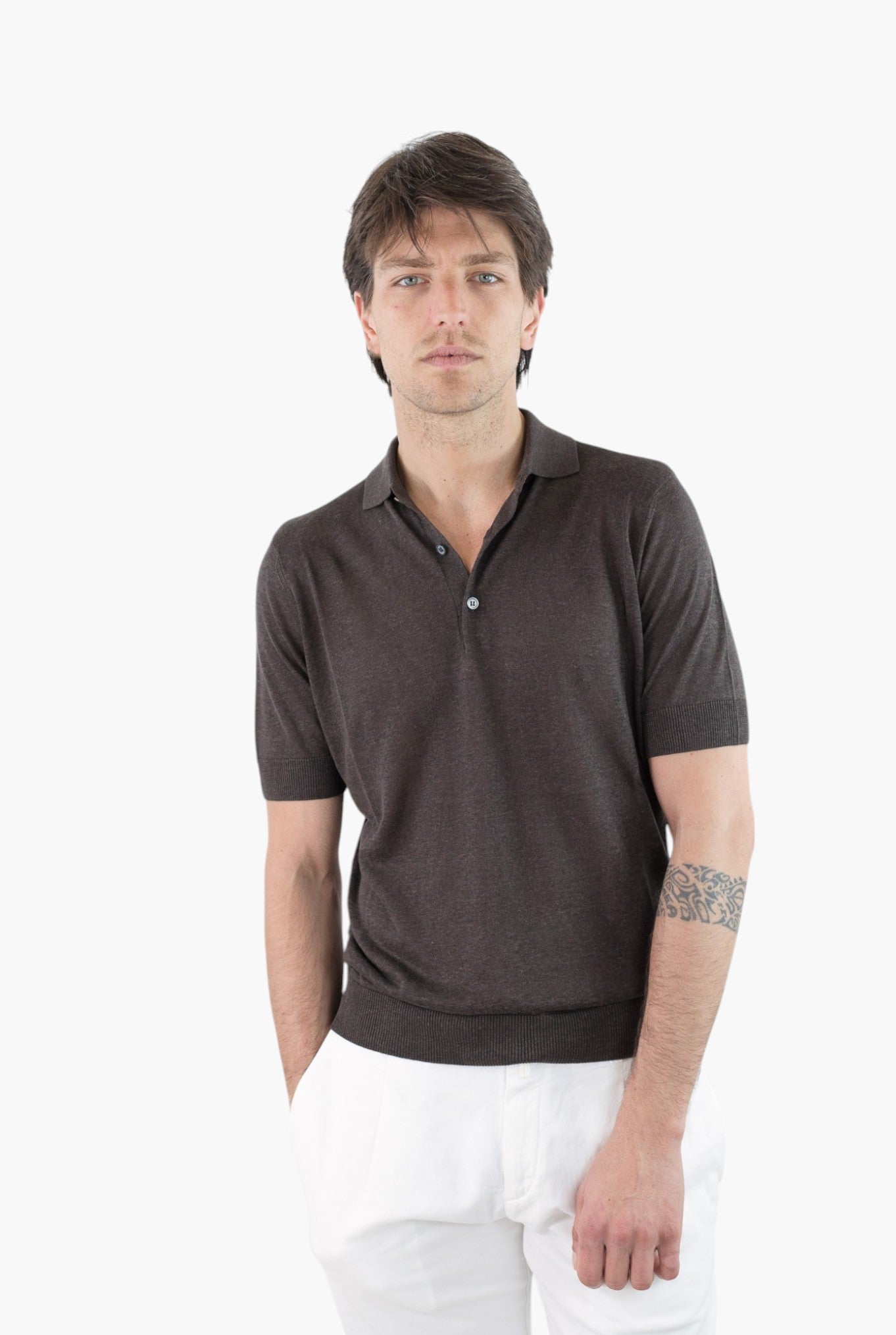 GUARINO Polo Maniche Corte Seta Lino Testa di Moro