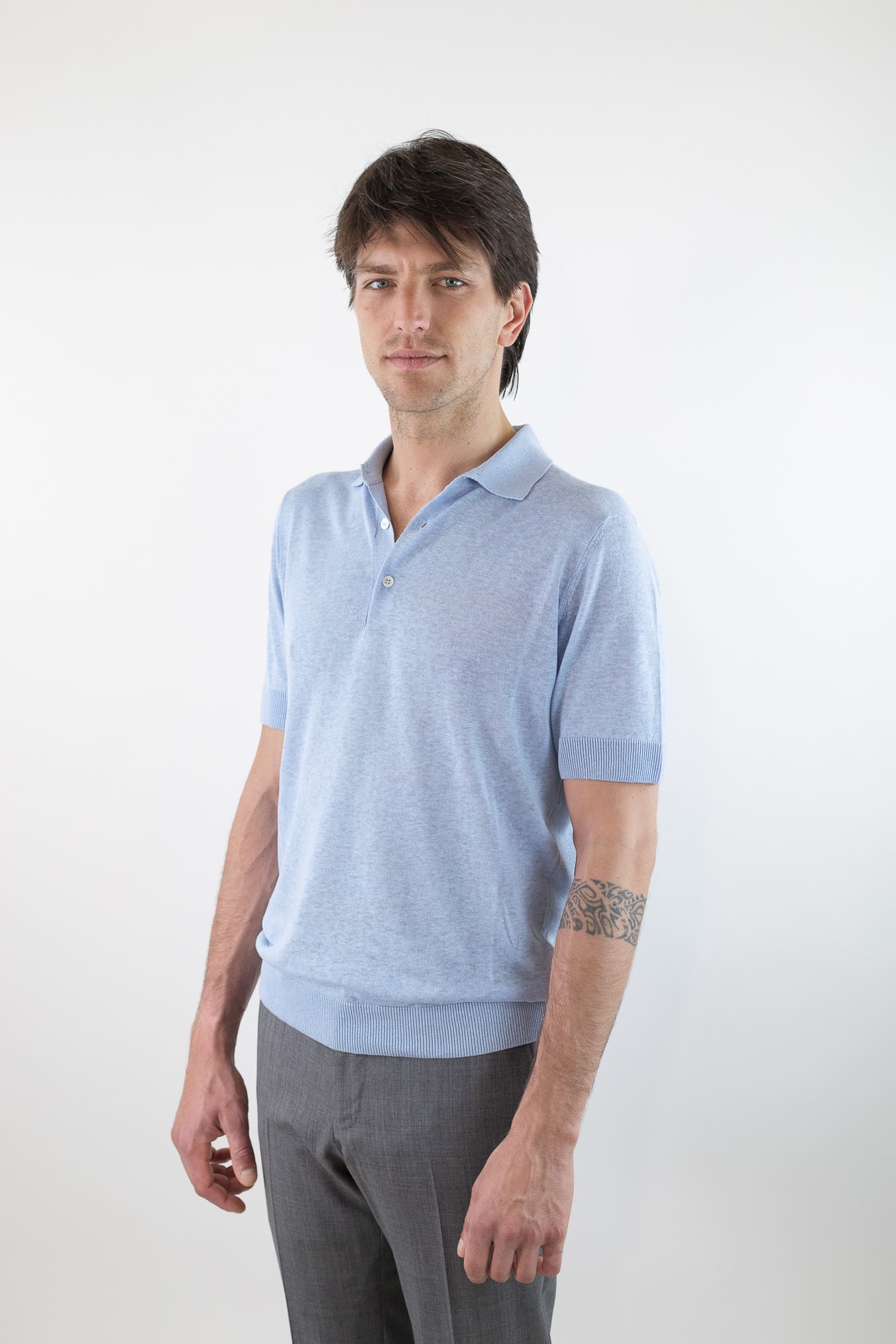 GUARINO Polo Maniche Corte Seta Lino Celeste