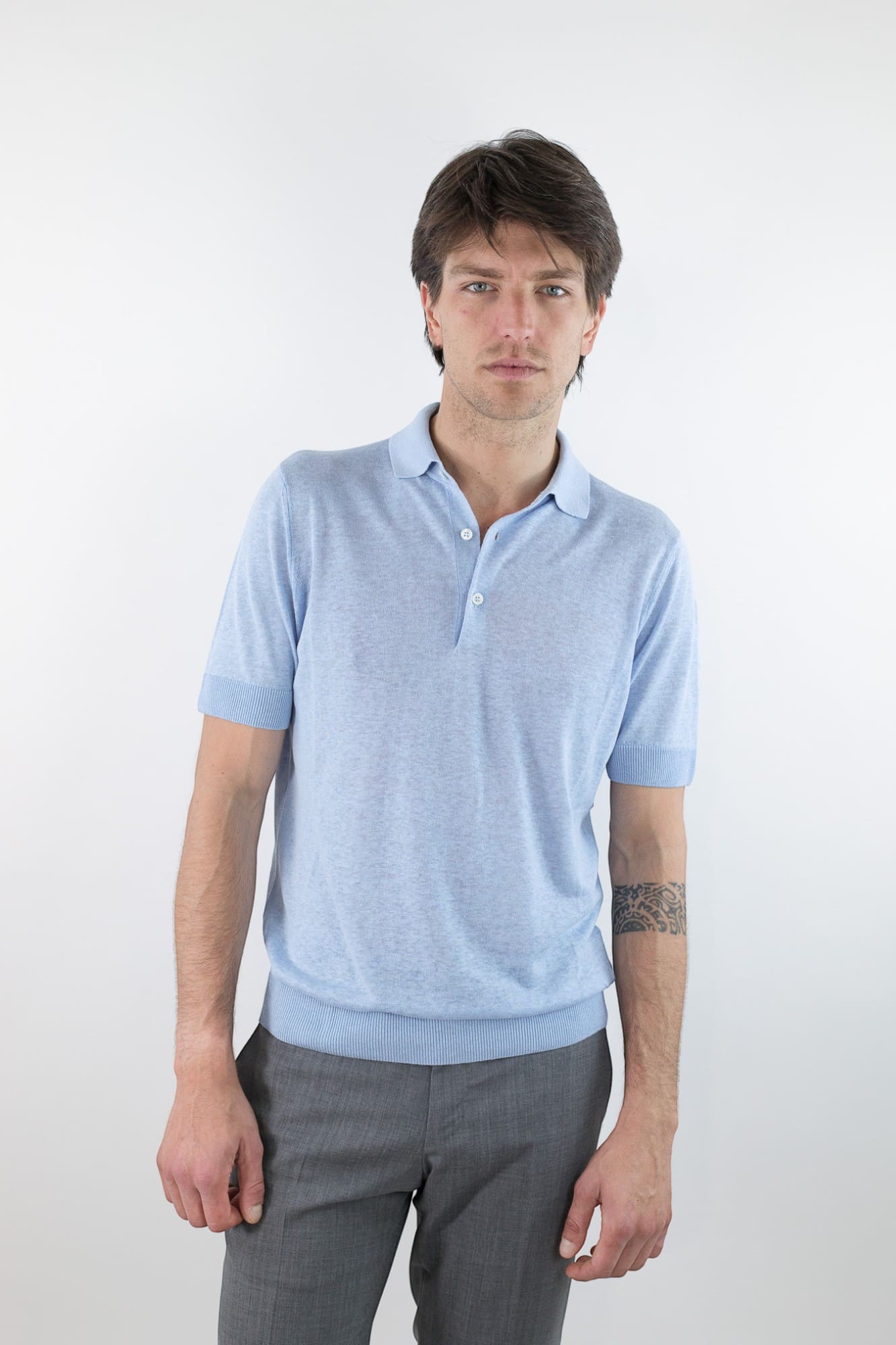 GUARINO Polo Maniche Corte Seta Lino Celeste