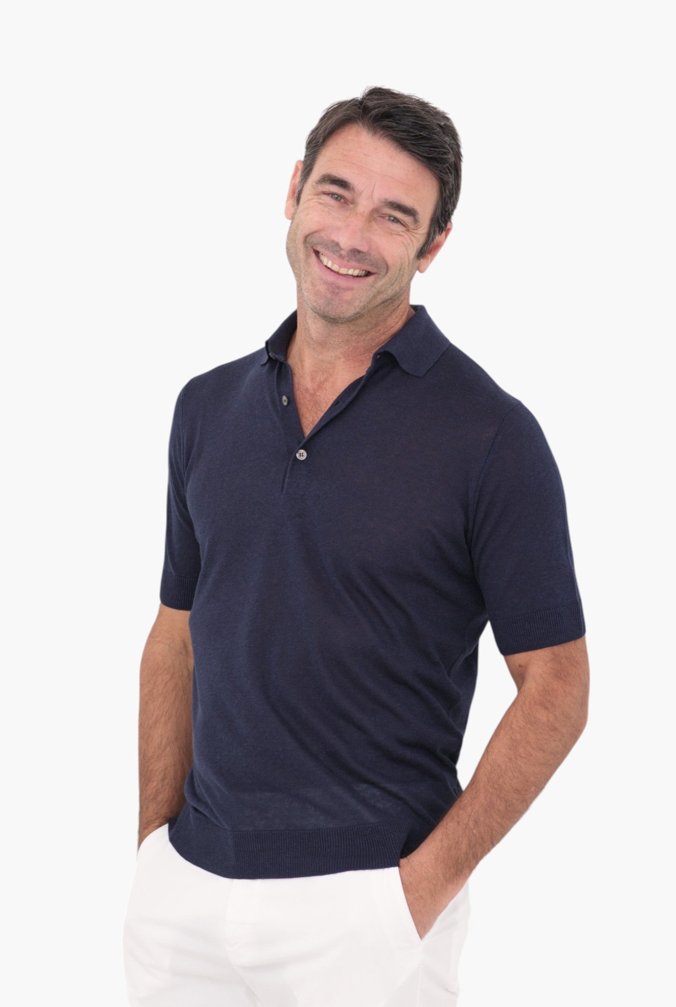 GUARINO Polo Maniche Corte Seta Lino Blu Navy