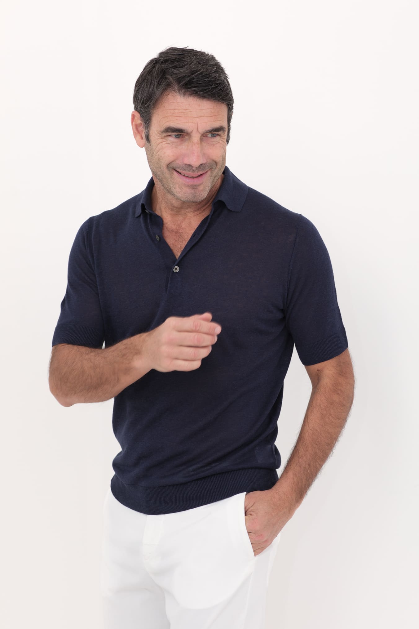 GUARINO Polo Maniche Corte Seta Lino Blu Navy