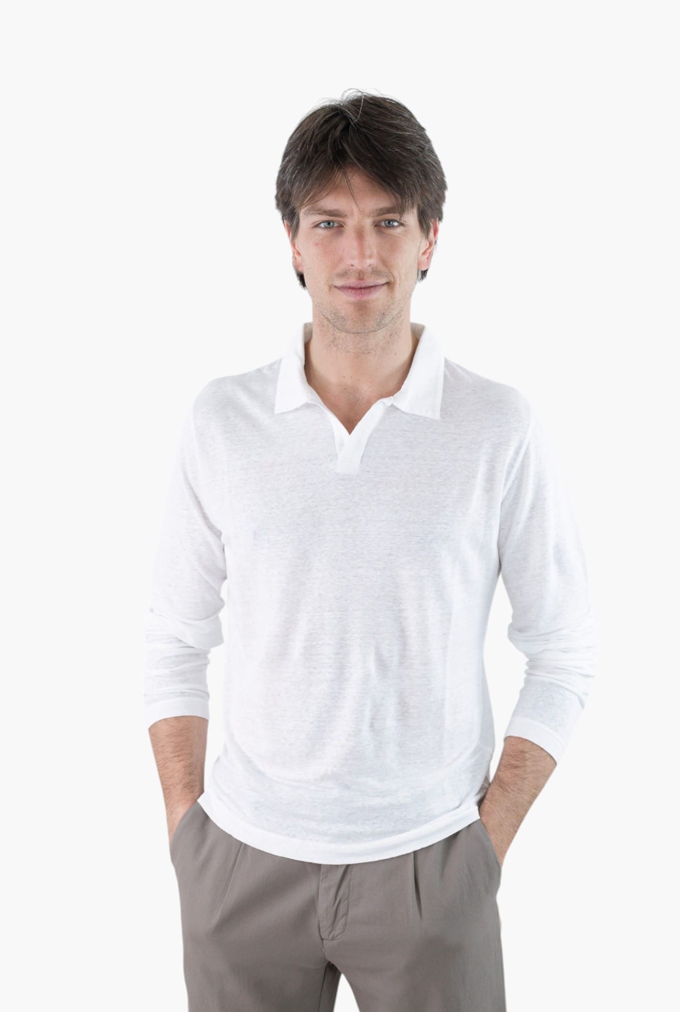 GUARINO Polo Skipper Maniche Lunghe Lino Bianco