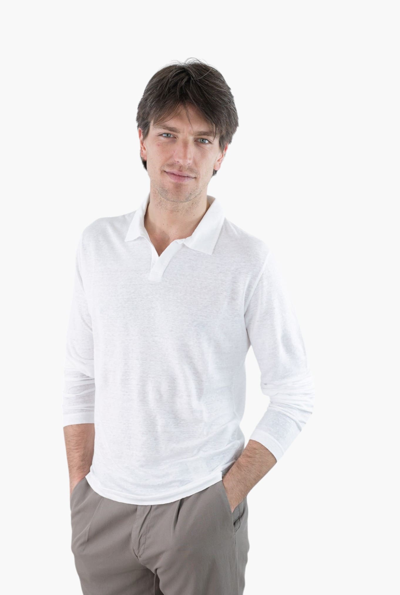 GUARINO Polo Skipper Maniche Lunghe Lino Bianco