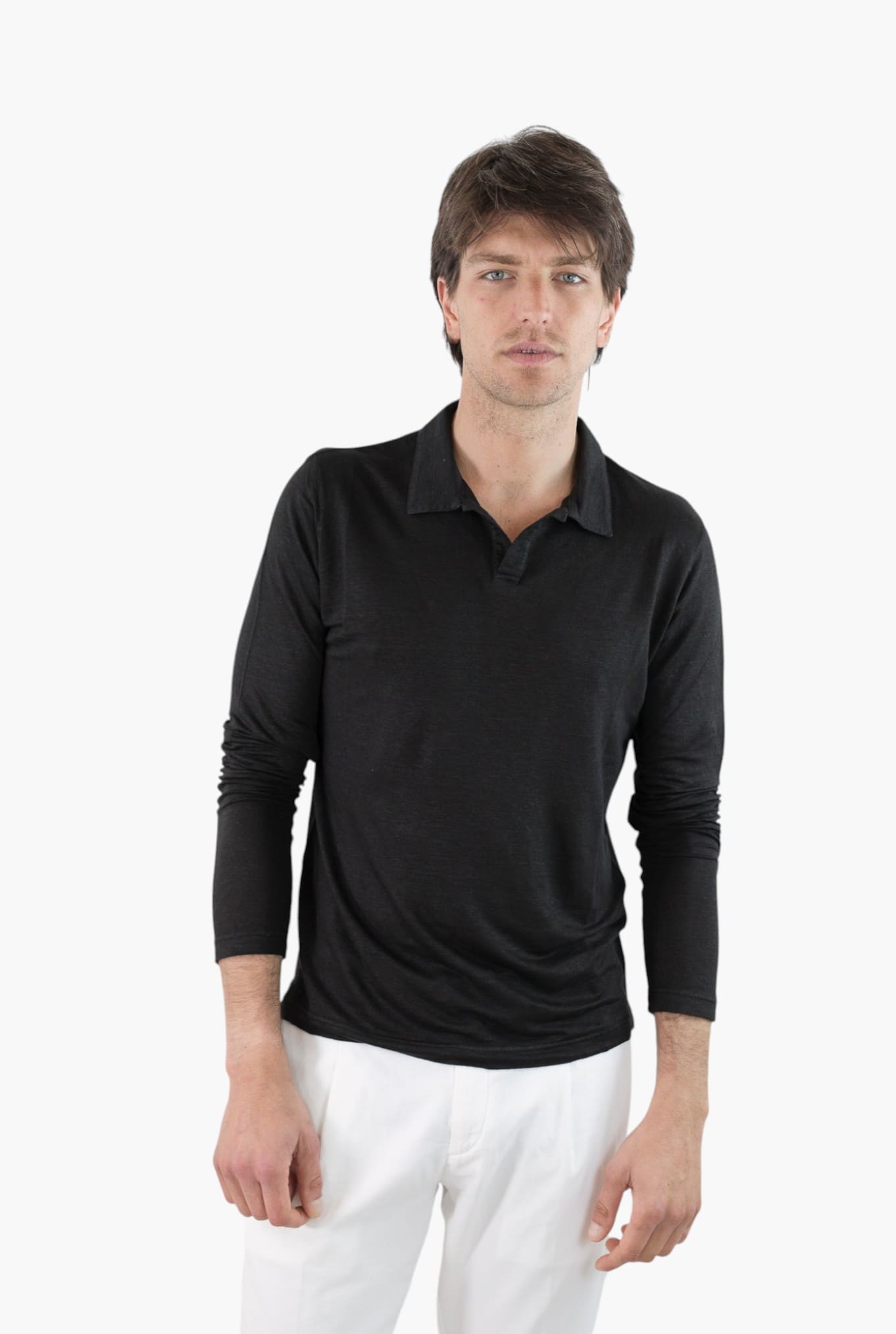 GUARINO Polo Skipper Maniche Lunghe Lino Nero