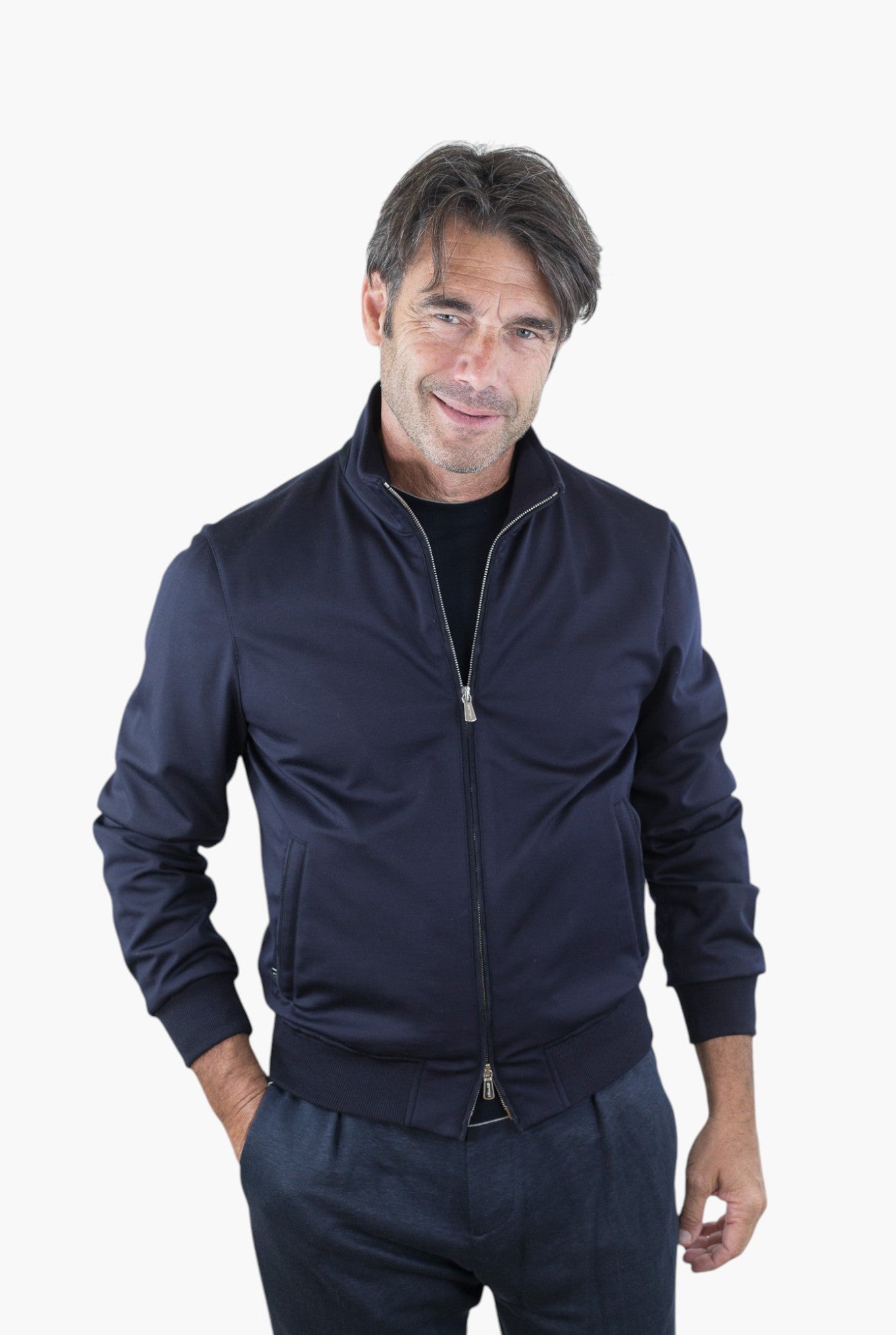 MANDELLI Giubbotto Jersey di Lana Blu Tessuto Loro Piana