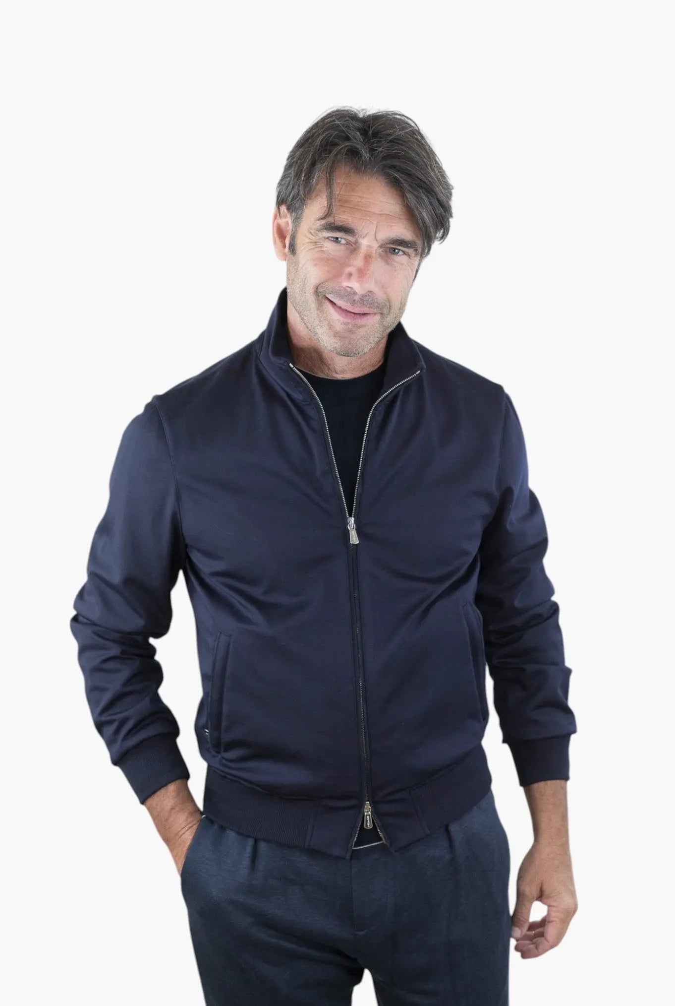 MANDELLI Giubbotto Jersey di Lana Blu Tessuto Loro Piana