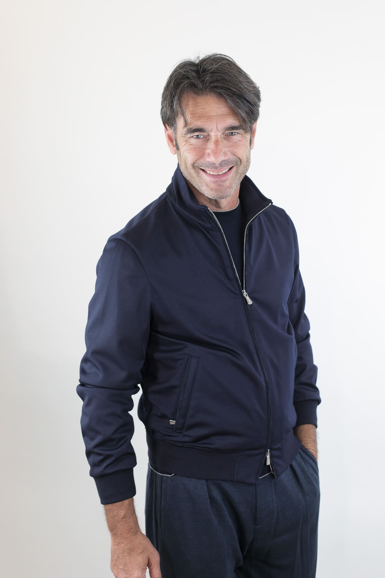 MANDELLI Giubbotto Jersey di Lana Blu Tessuto Loro Piana