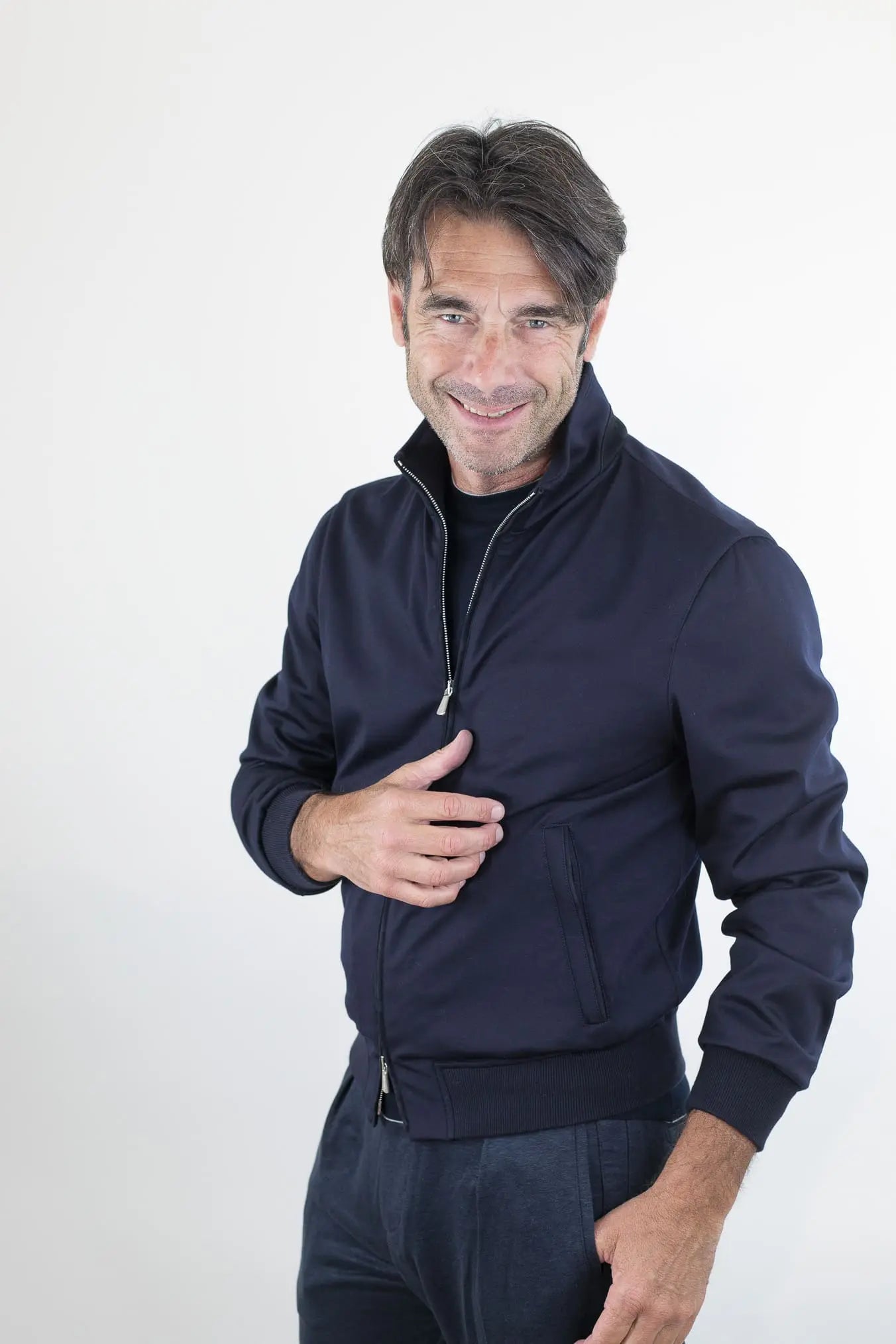 MANDELLI Giubbotto Jersey di Lana Blu Tessuto Loro Piana