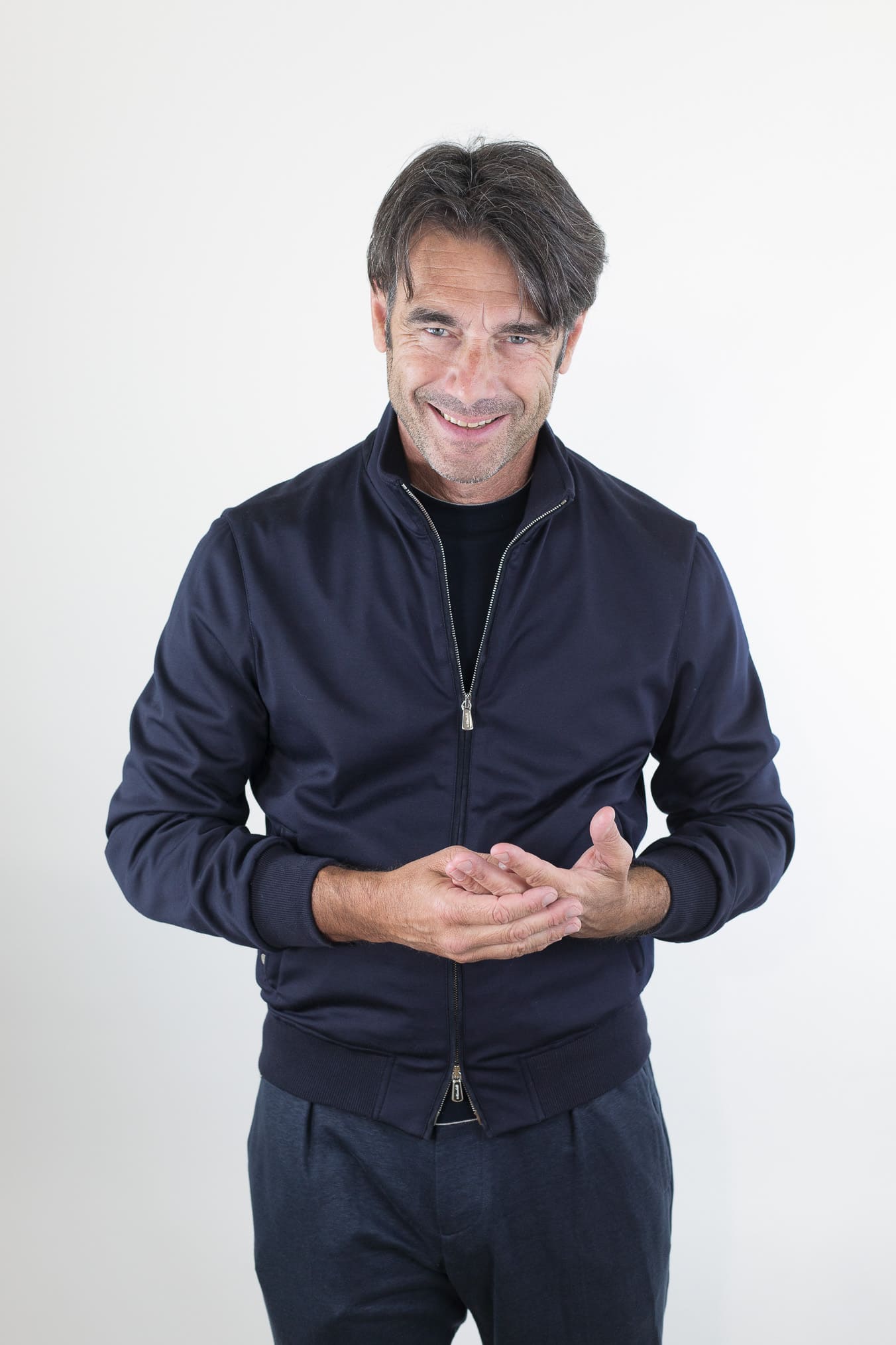 MANDELLI Giubbotto Jersey di Lana Blu Tessuto Loro Piana