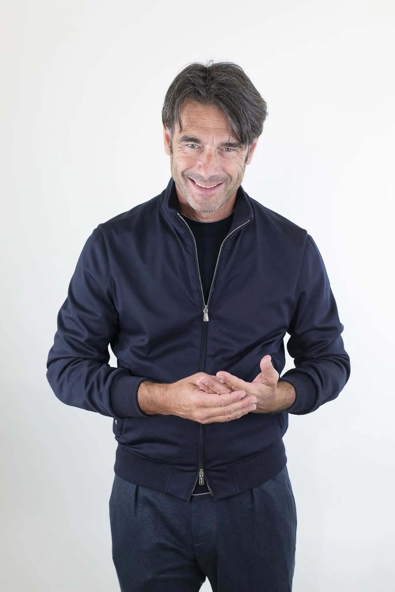 MANDELLI Giubbotto Jersey di Lana Blu Tessuto Loro Piana