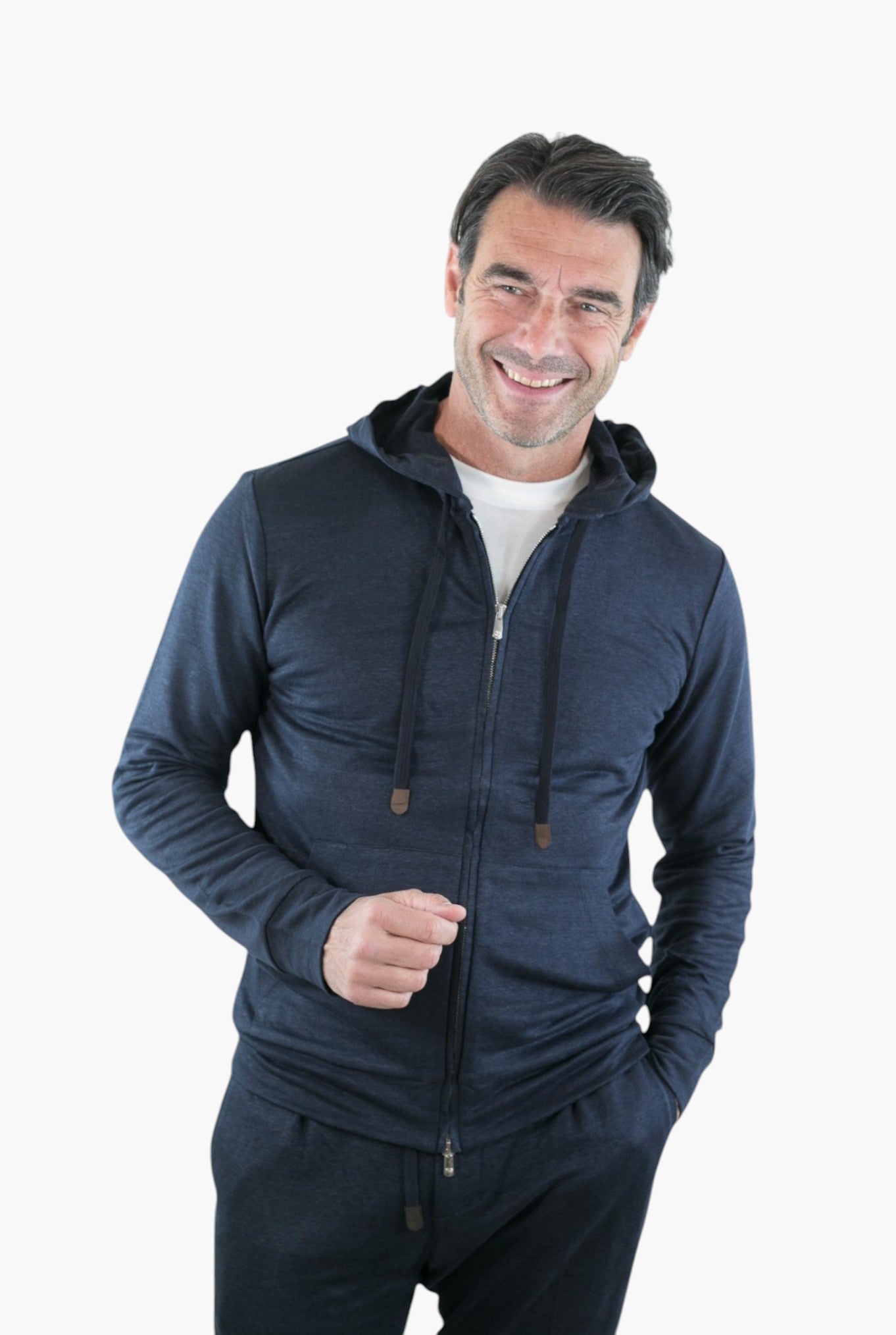 Blue Mélange Linen Jogging Jersey Hooded Sweatshirt