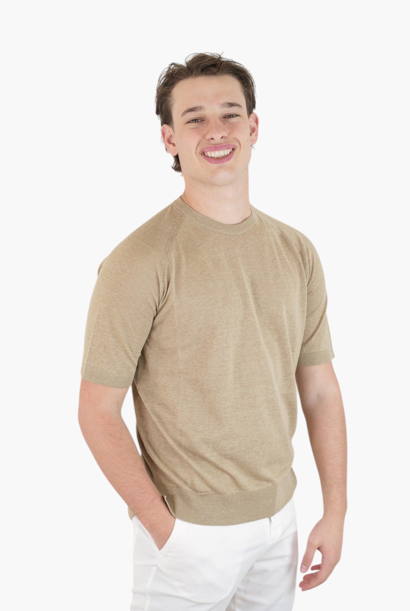 PIACENZA CASHMERE Girocollo Seta Lino Maniche Corte Beige