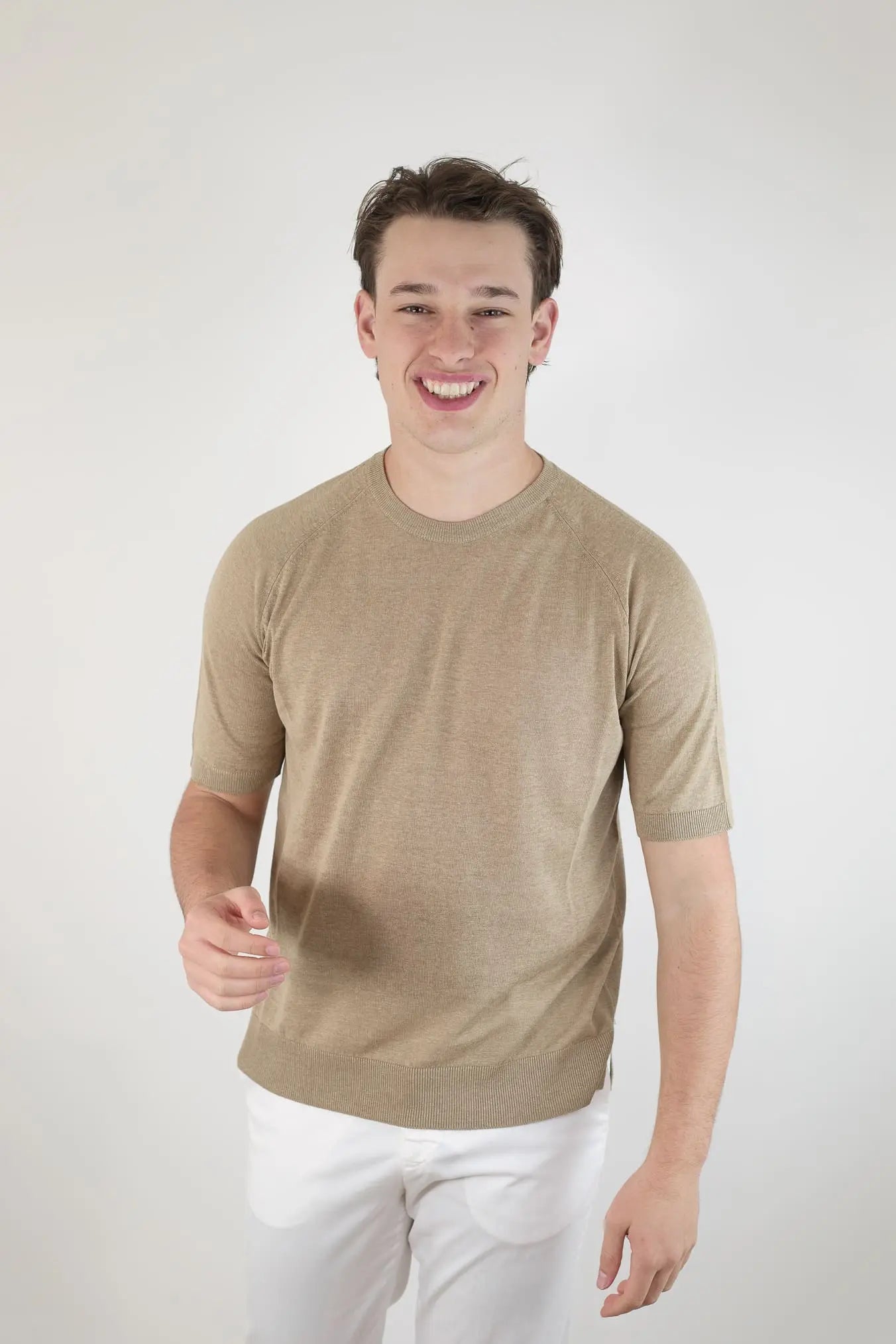 PIACENZA CASHMERE Girocollo Seta Lino Maniche Corte Beige