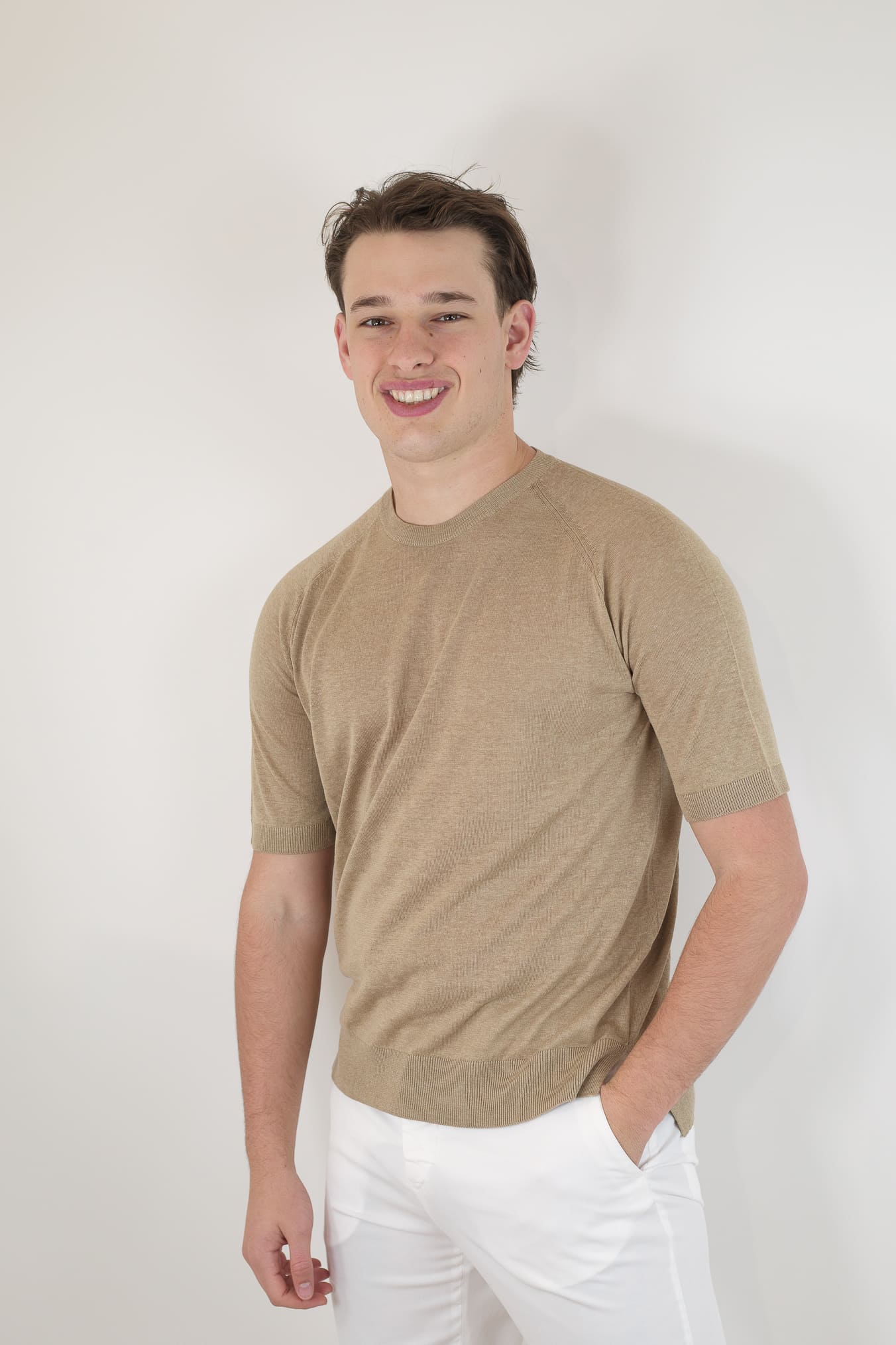 PIACENZA CASHMERE Girocollo Seta Lino Maniche Corte Beige