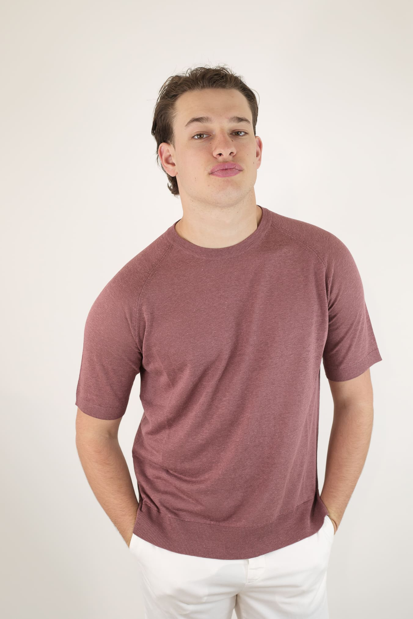 PIACENZA CASHMERE Girocollo Seta Lino Maniche Corte Bordeaux