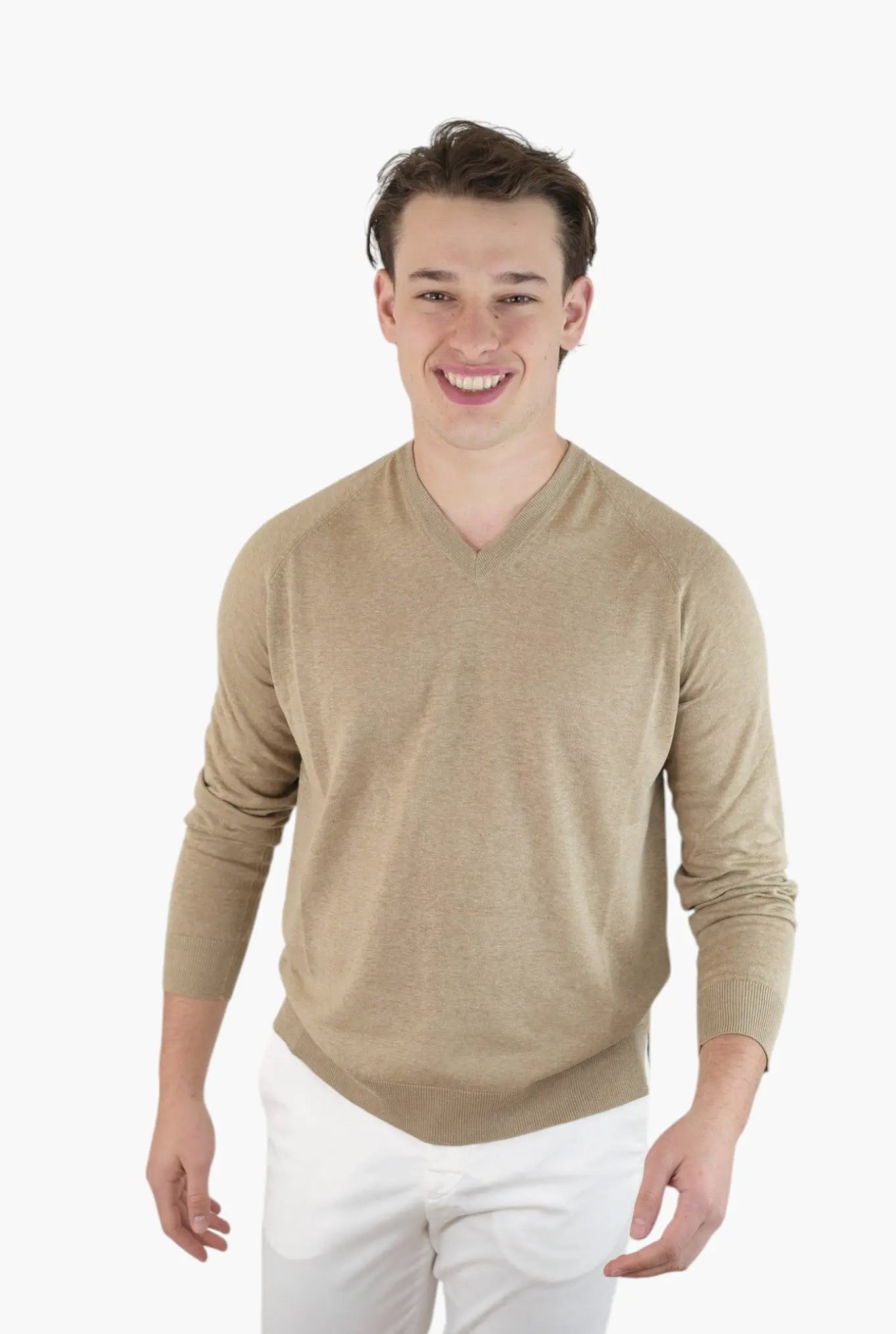PIACENZA CASHMERE Maglia Scollo a V Seta Lino Beige