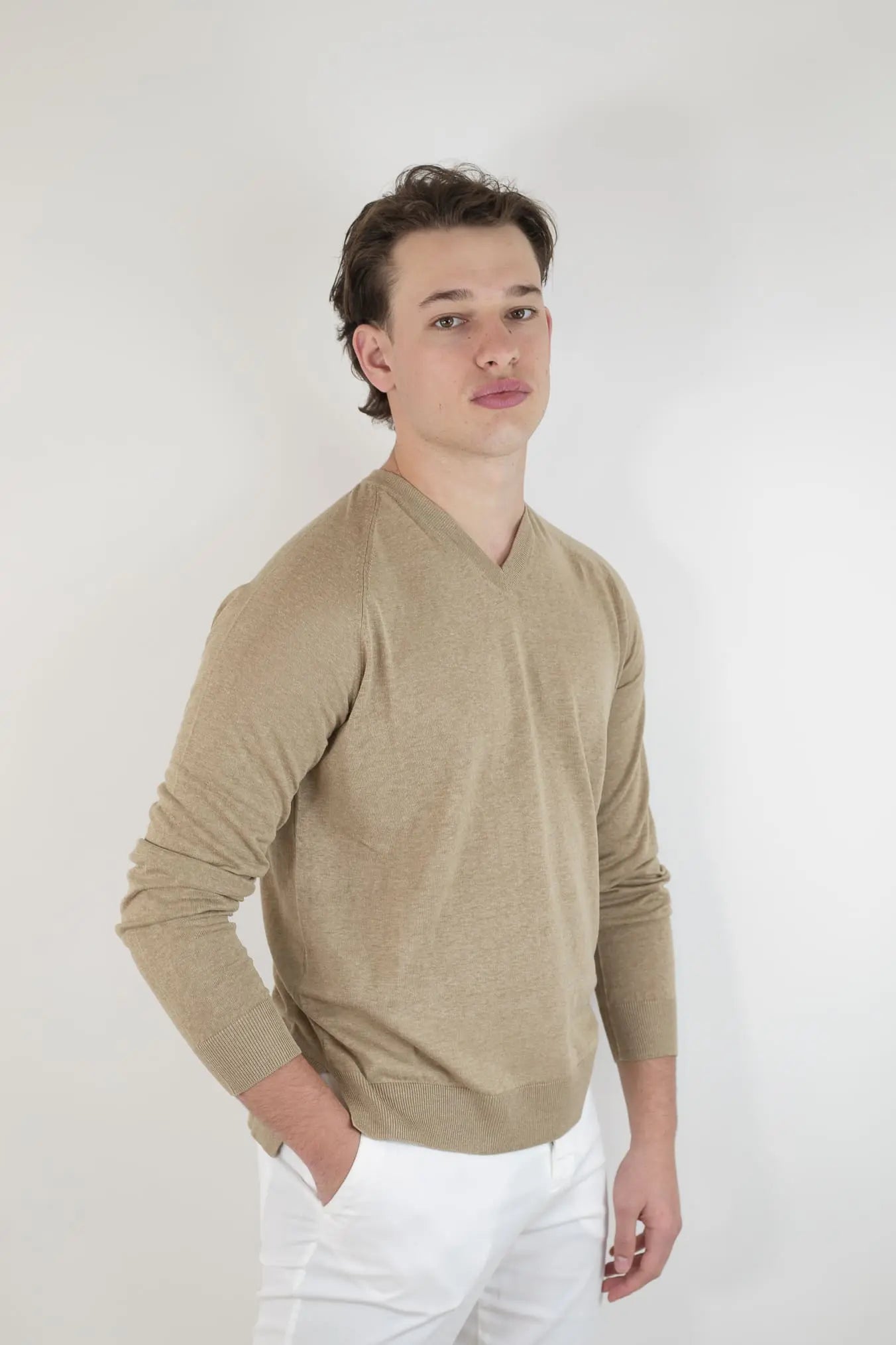 PIACENZA CASHMERE Maglia Scollo a V Seta Lino Beige