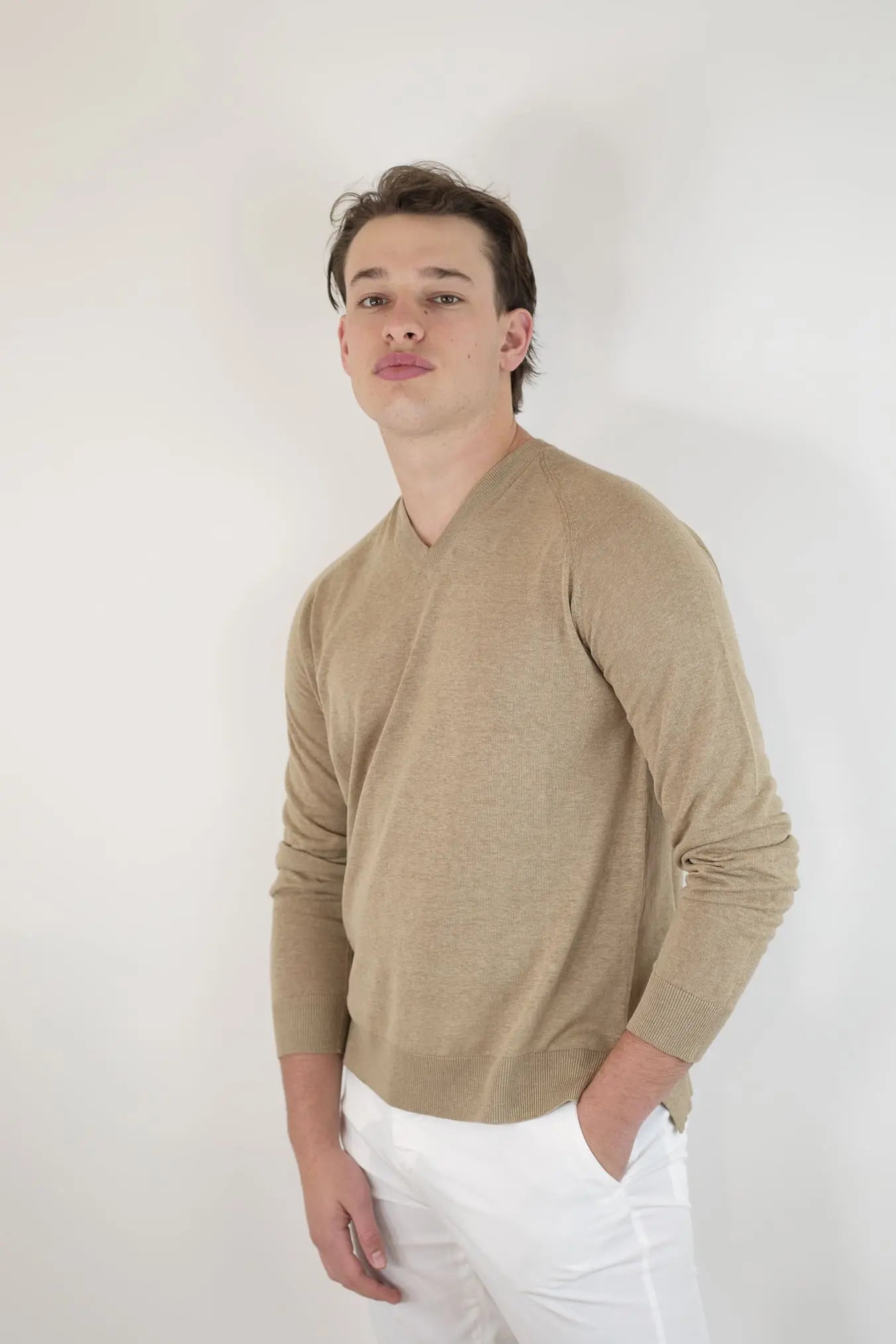 PIACENZA CASHMERE Maglia Scollo a V Seta Lino Beige