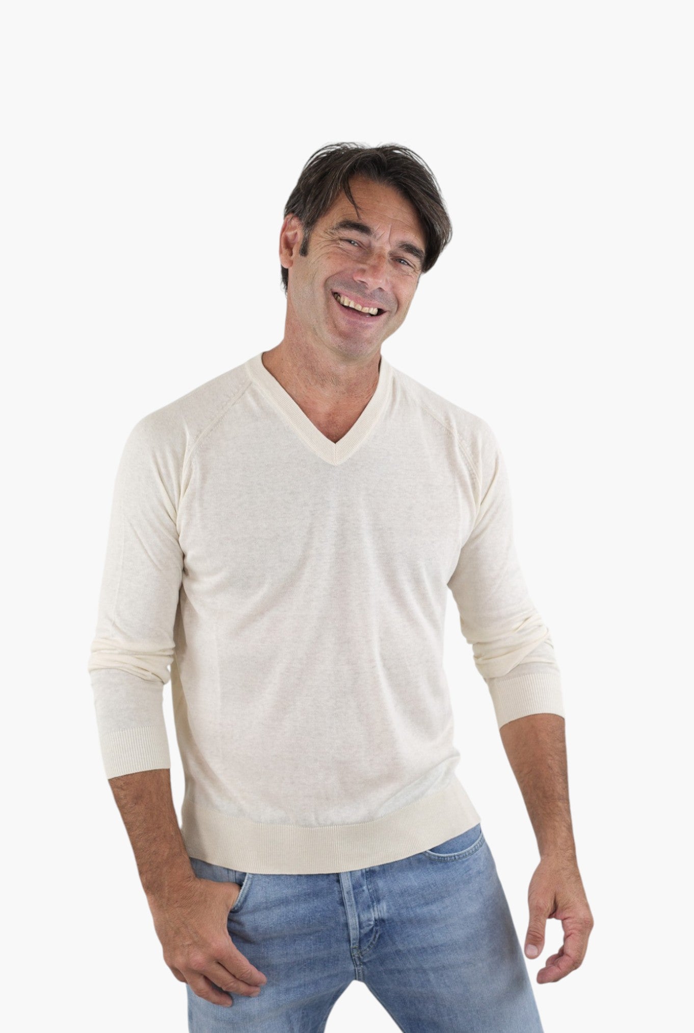 PIACENZA CASHMERE Maglia Scollo a V Seta Lino Bianco