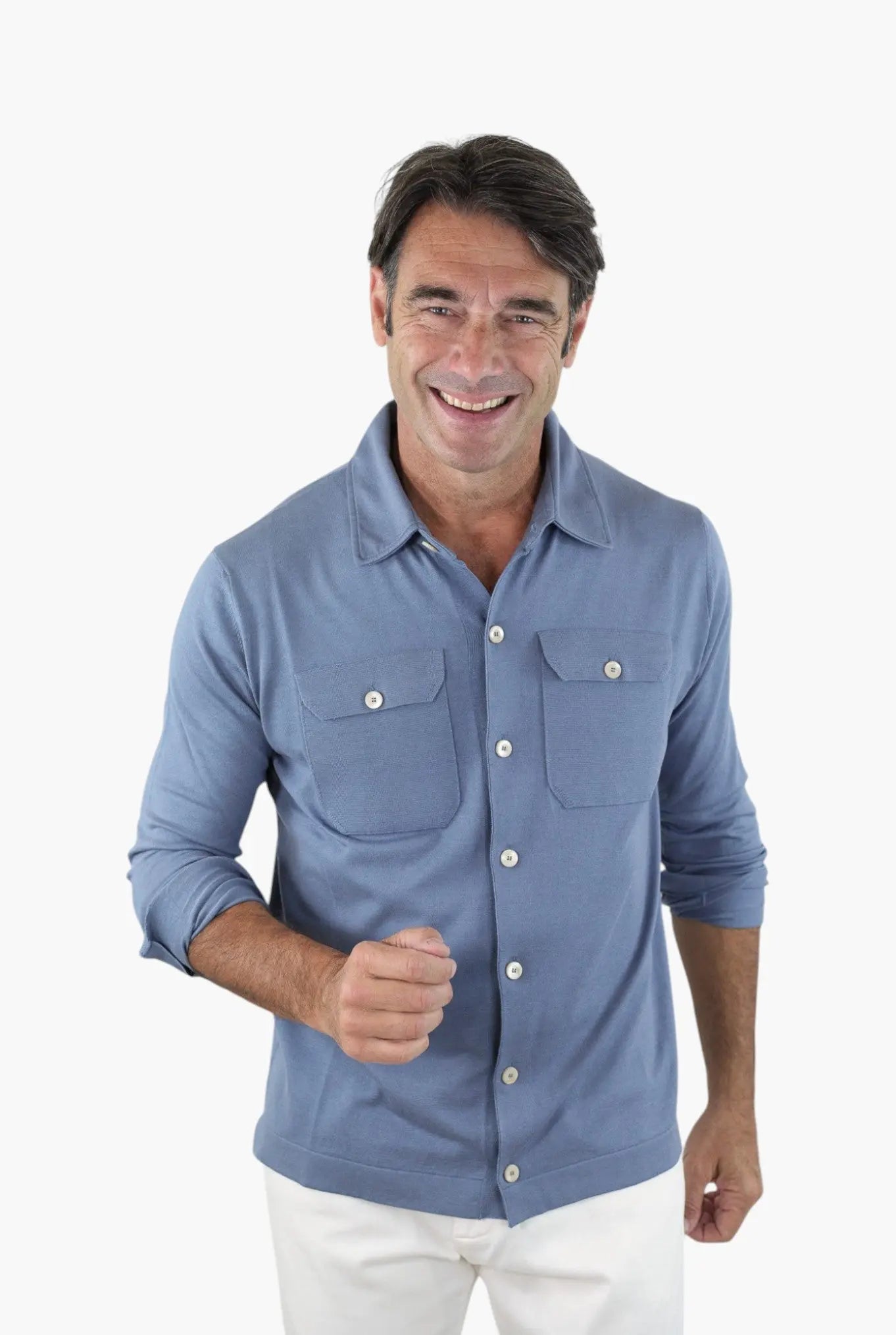 PIACENZA Camicia Jersey Seta Cotone Avio
