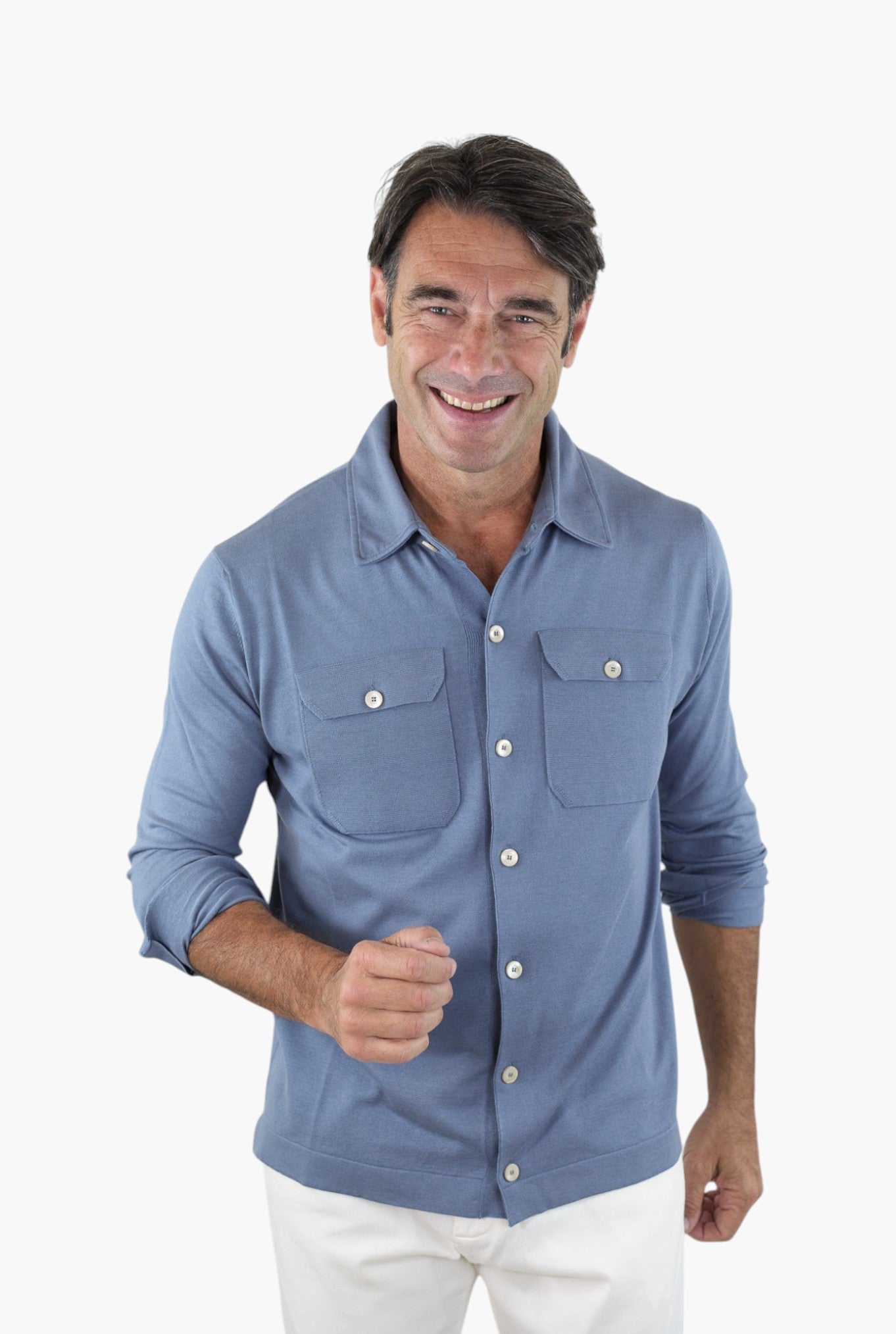 PIACENZA Camicia Jersey Seta Cotone Avio