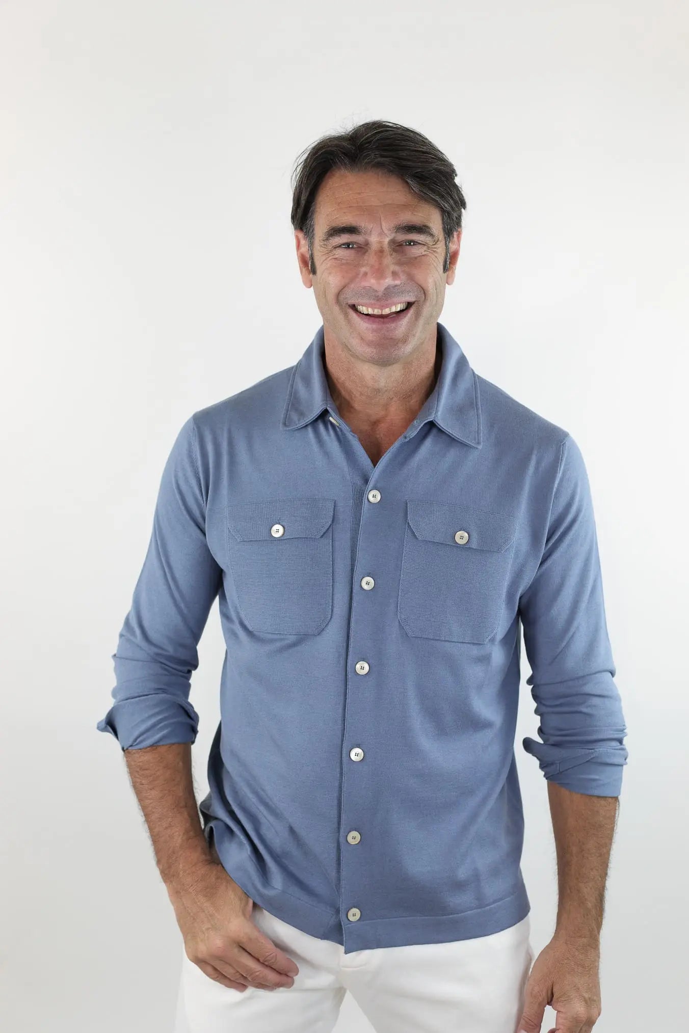 PIACENZA Camicia Jersey Seta Cotone Avio