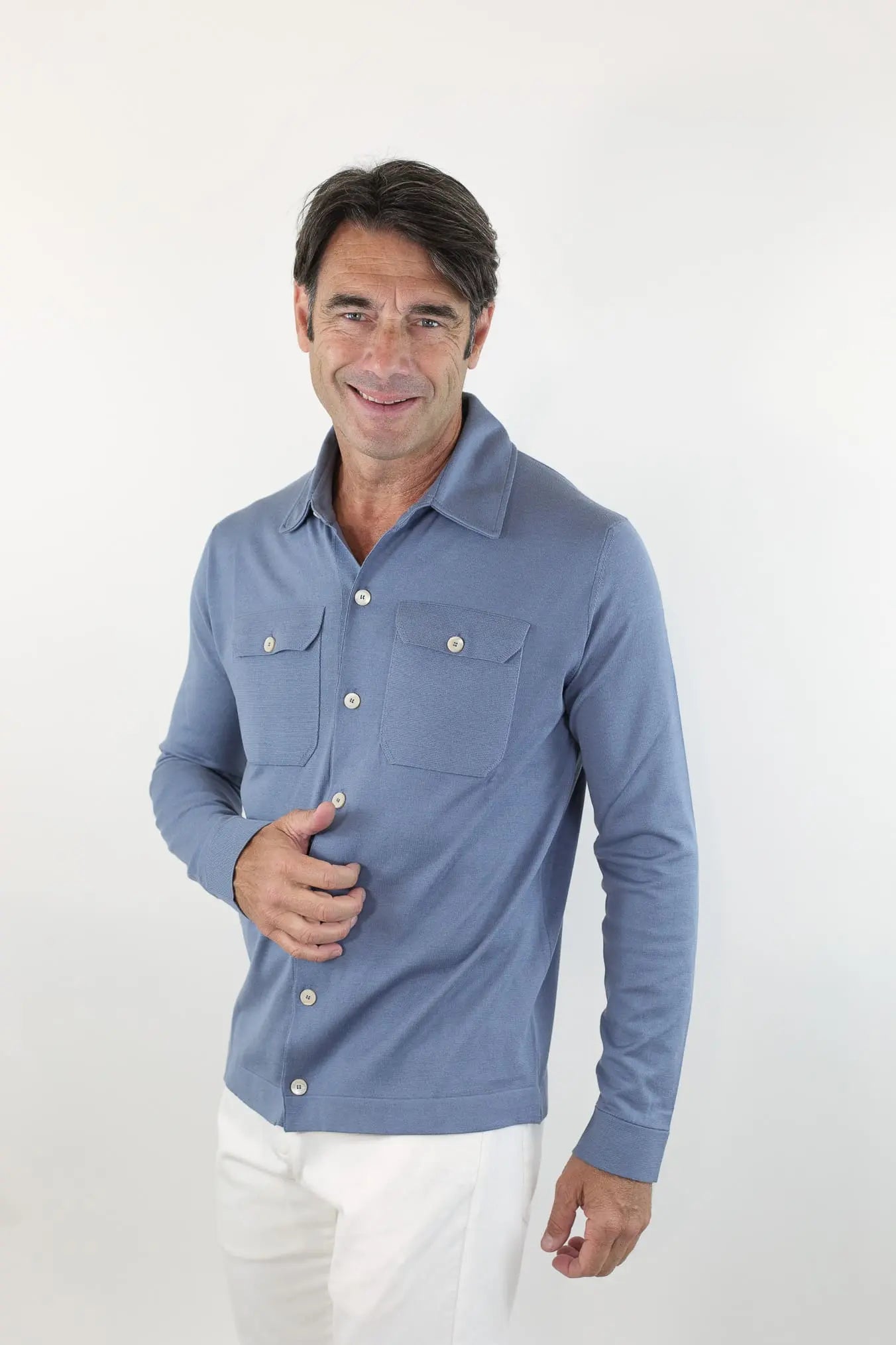 PIACENZA Camicia Jersey Seta Cotone Avio