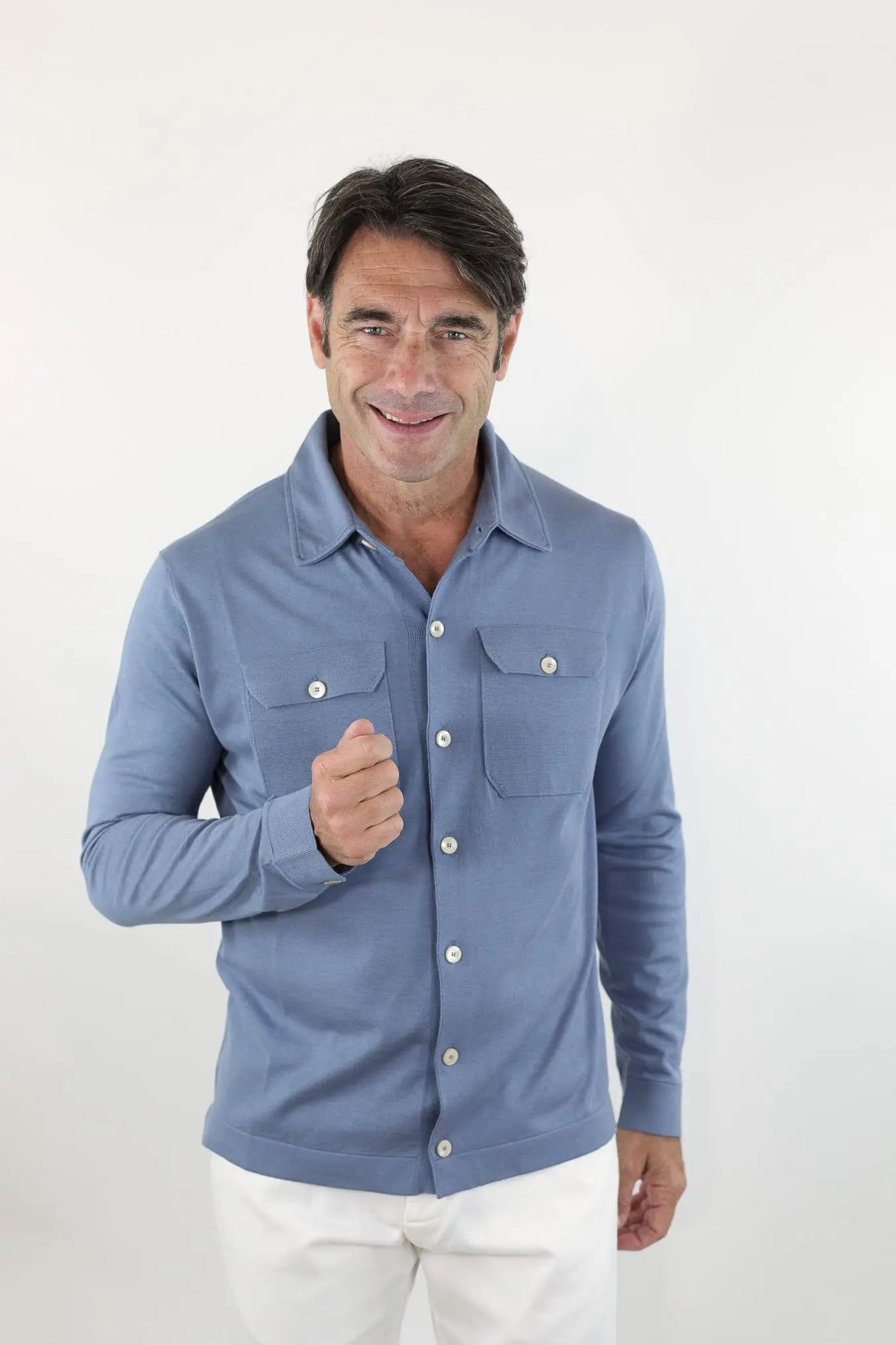 PIACENZA Camicia Jersey Seta Cotone Avio