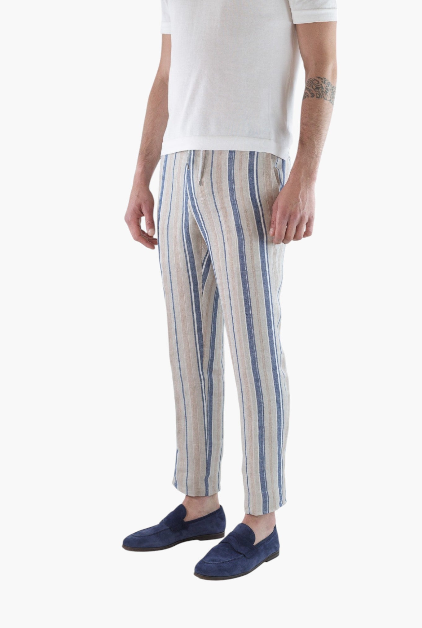 PT Pantaloni Coulisse Lino Righe Beige e Blu