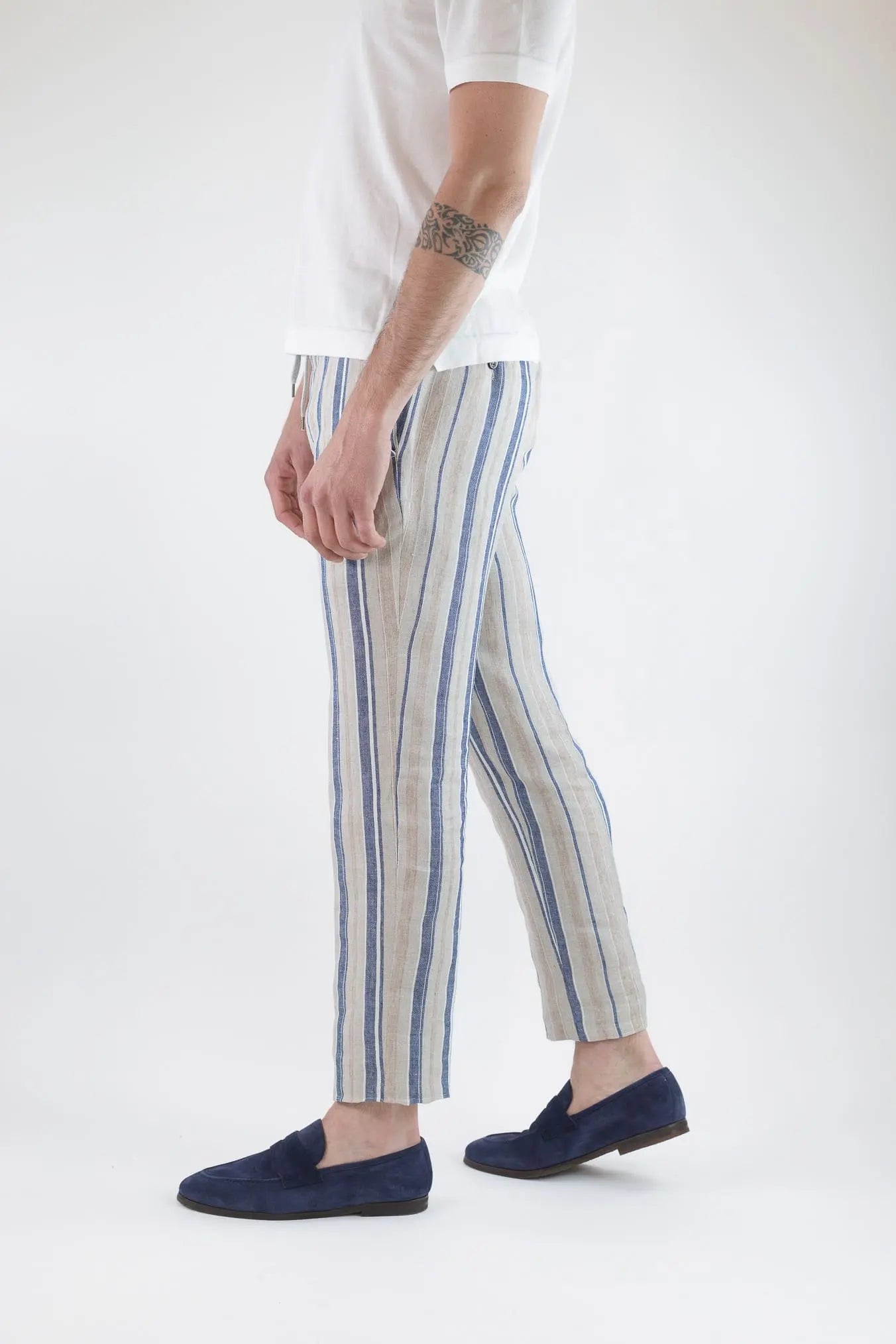 PT Pantaloni Coulisse Lino Righe Beige e Blu
