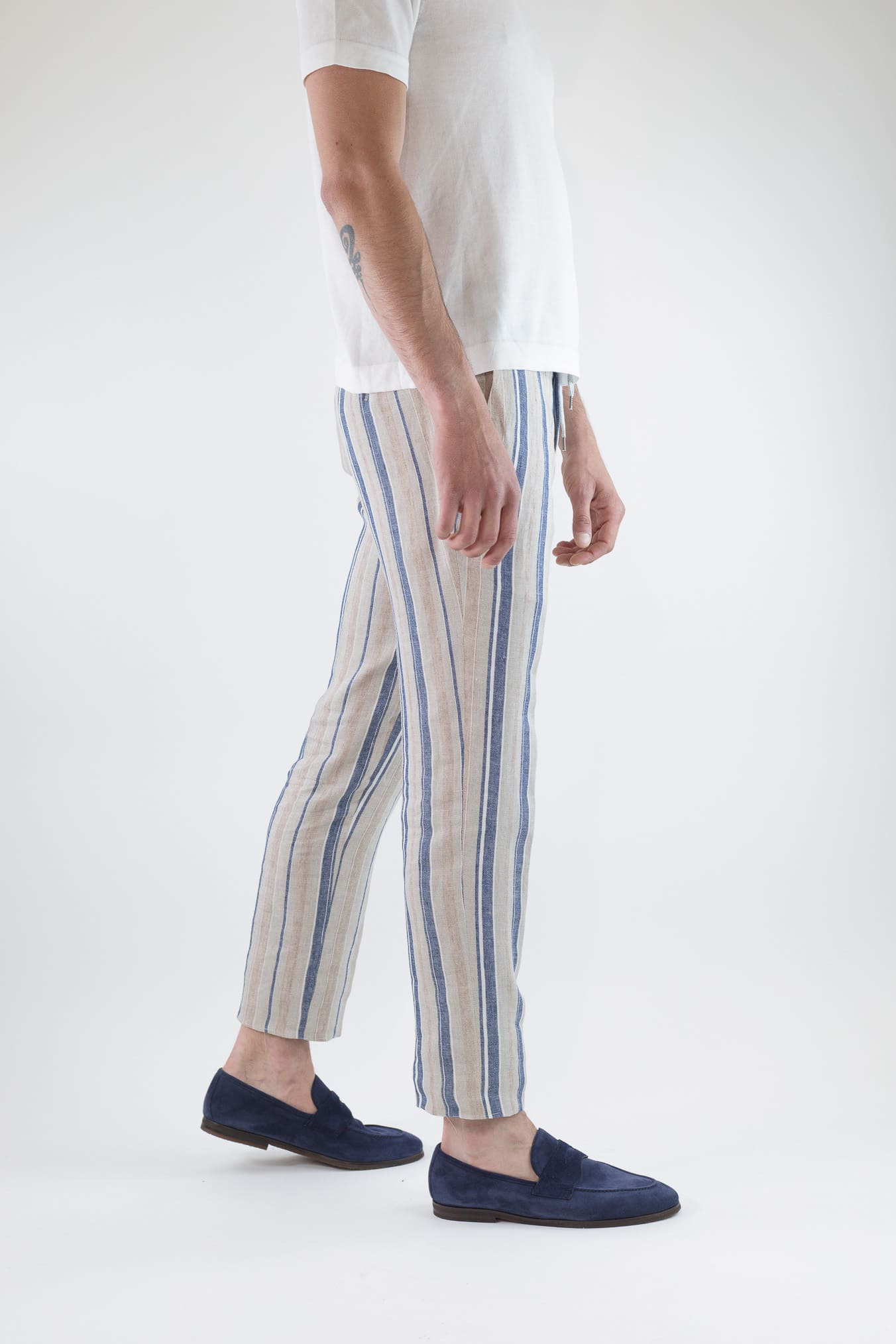 PT Pantaloni Coulisse Lino Righe Beige e Blu