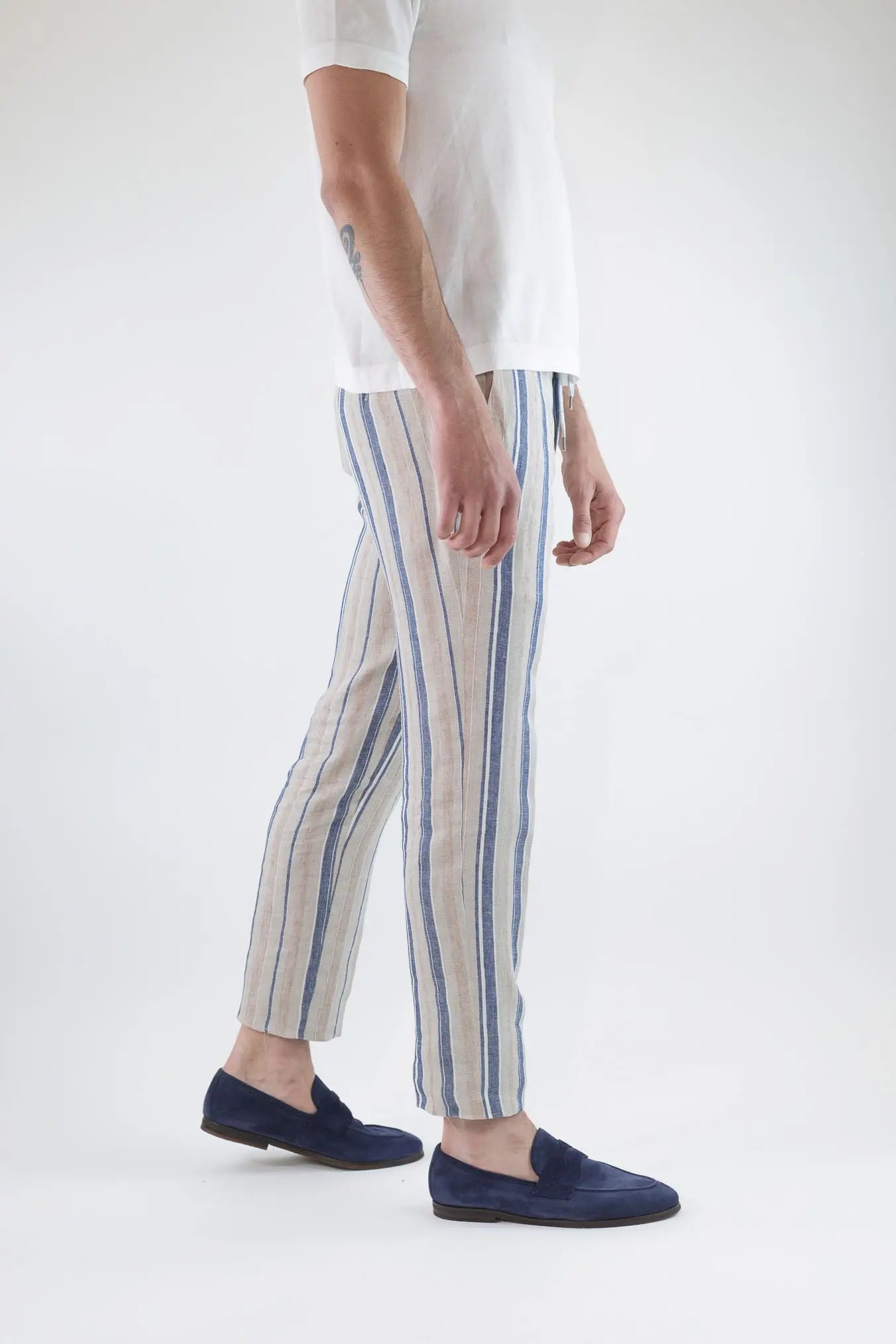 PT Pantaloni Coulisse Lino Righe Beige e Blu
