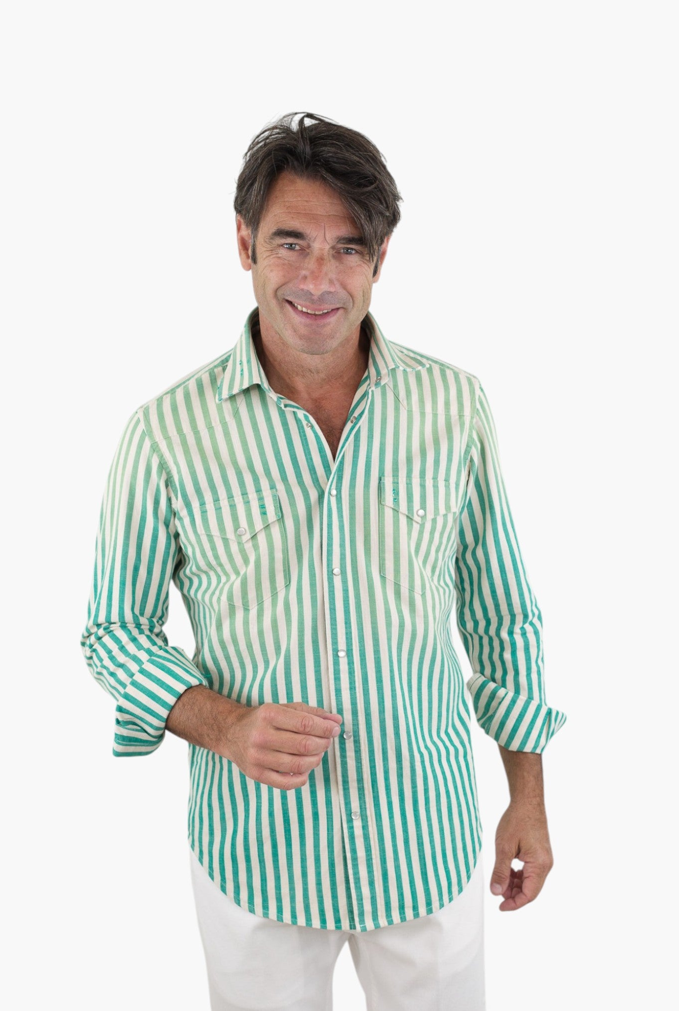 SARTORIO Camicia Texana Washed Cotone Righe Verdi