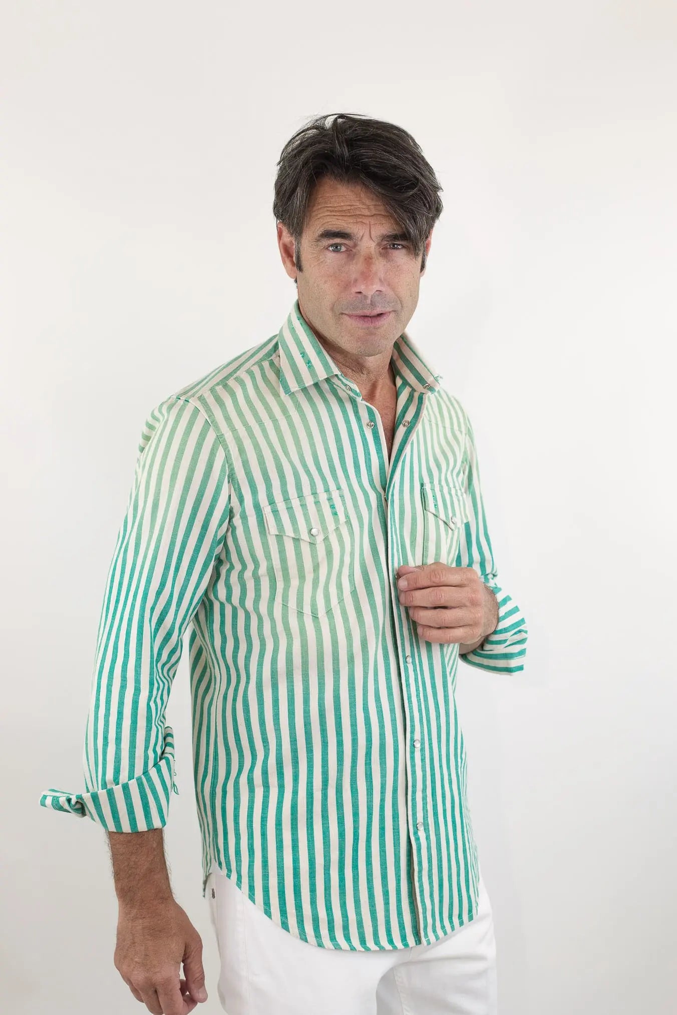 SARTORIO Camicia Texana Washed Cotone Righe Verdi