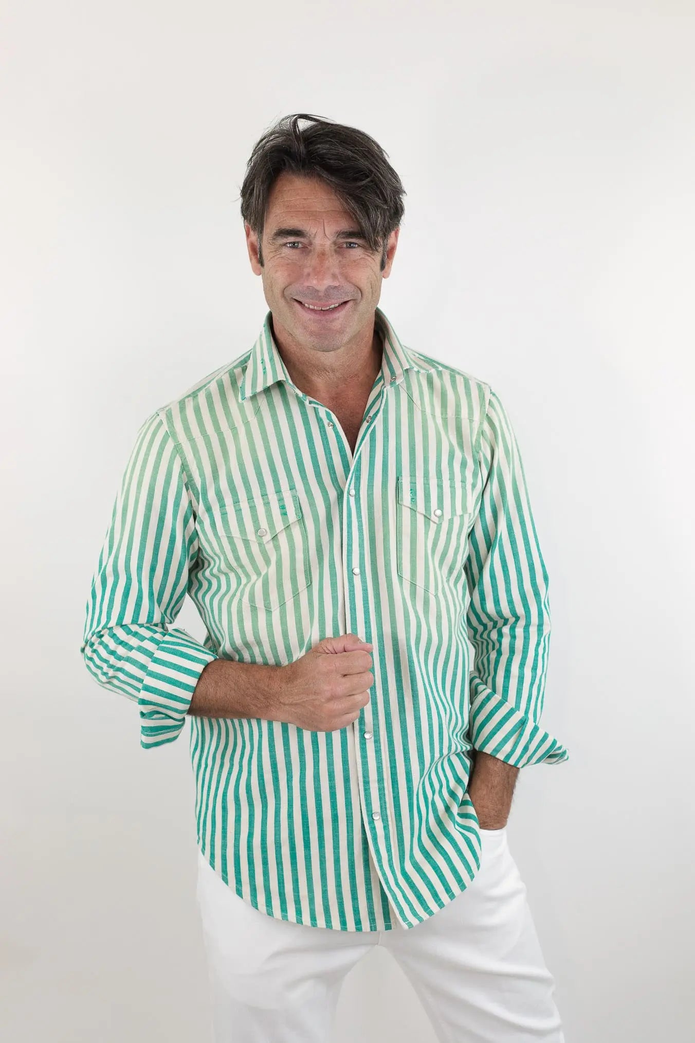 SARTORIO Camicia Texana Washed Cotone Righe Verdi