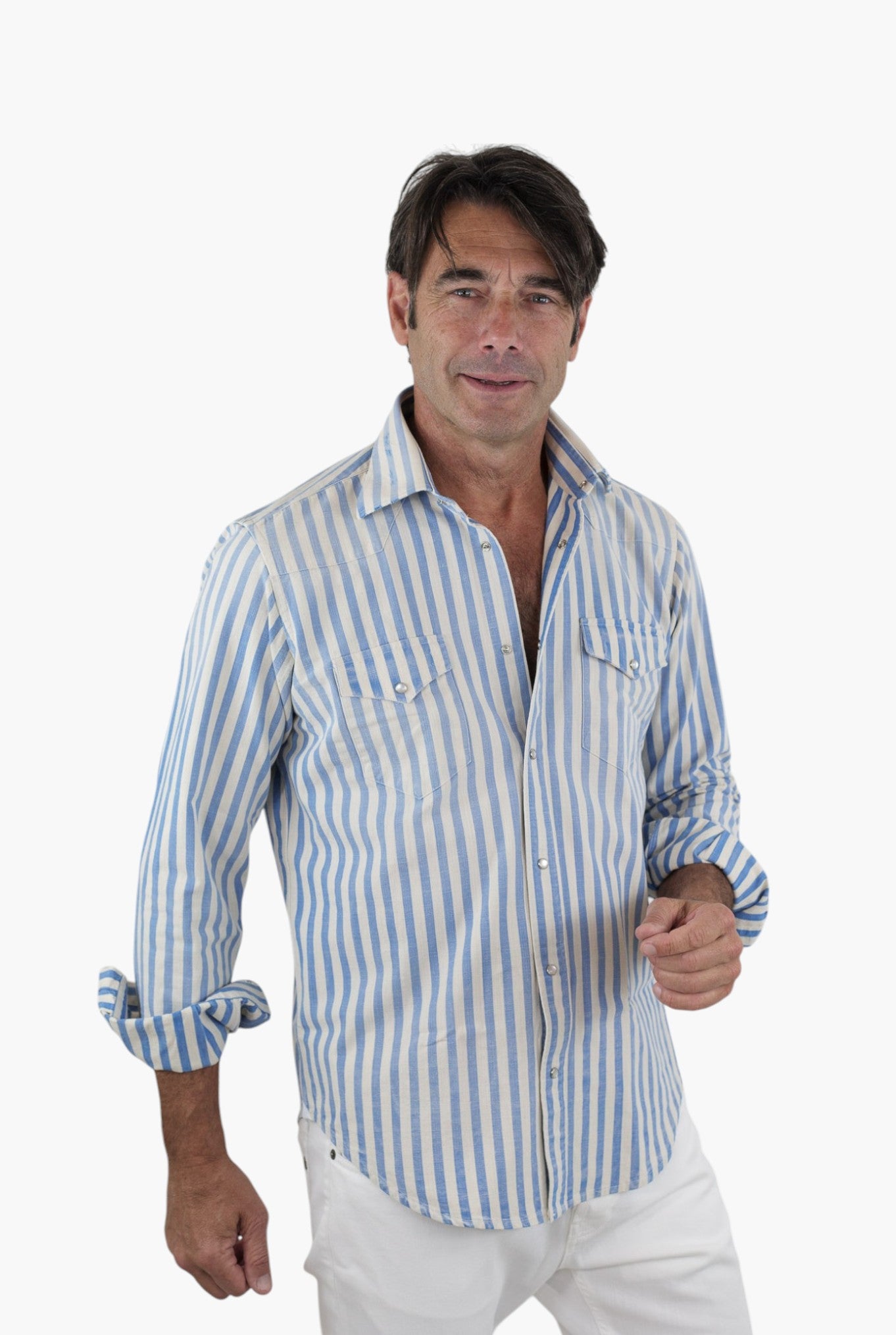 SARTORIO Camicia Texana Washed Cotone Righe Blu