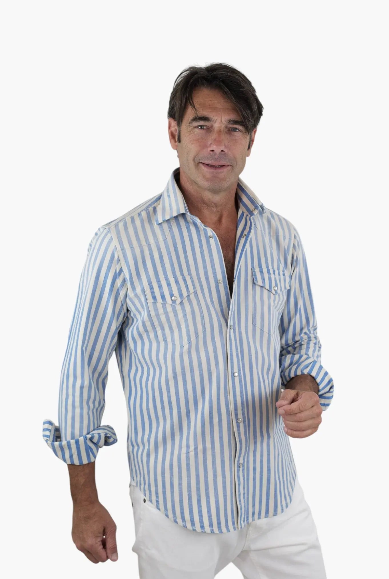 SARTORIO Camicia Texana Washed Cotone Righe Blu