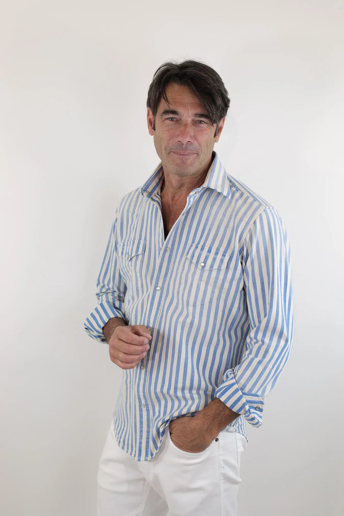 SARTORIO Camicia Texana Washed Cotone Righe Blu