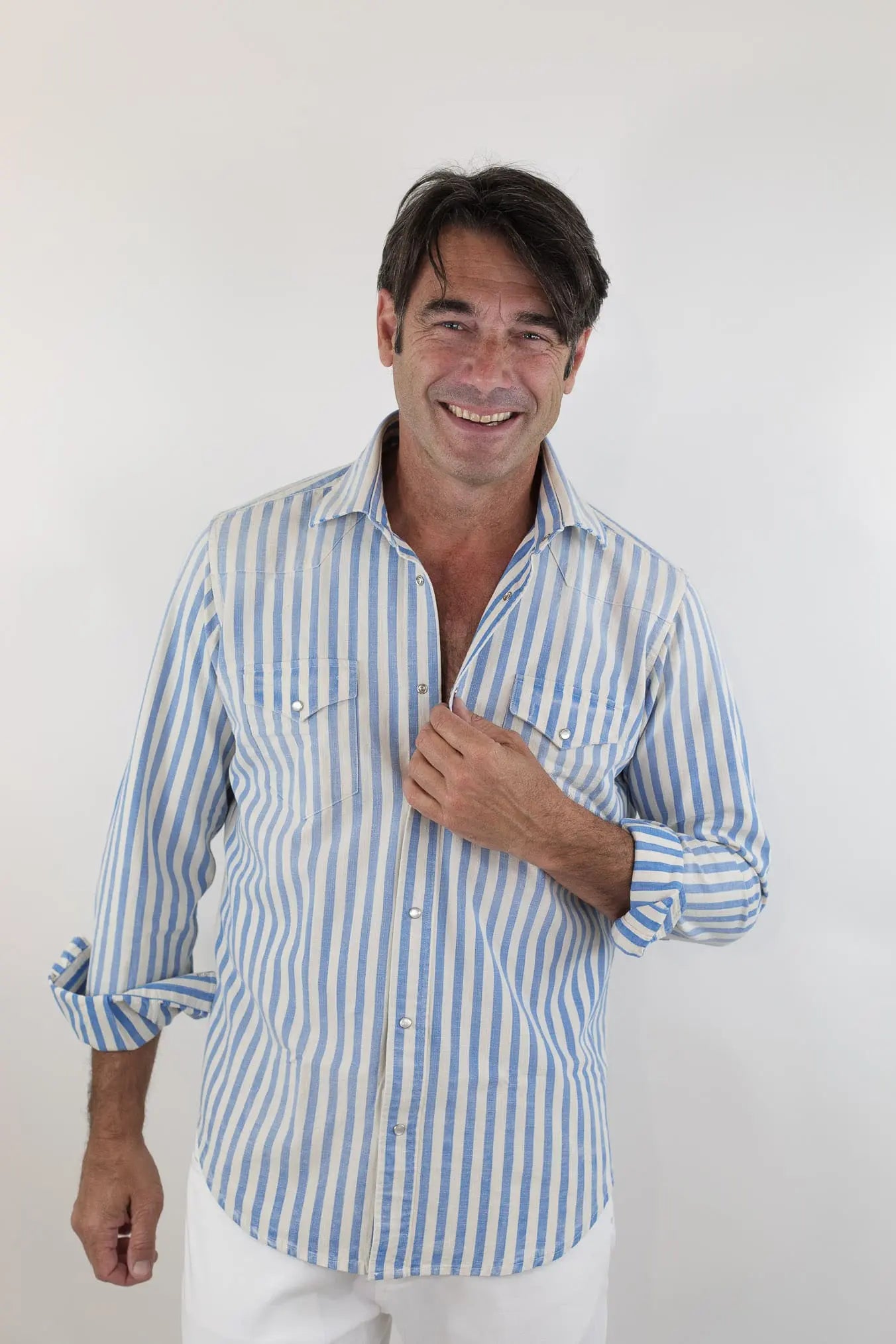 SARTORIO Camicia Texana Washed Cotone Righe Blu