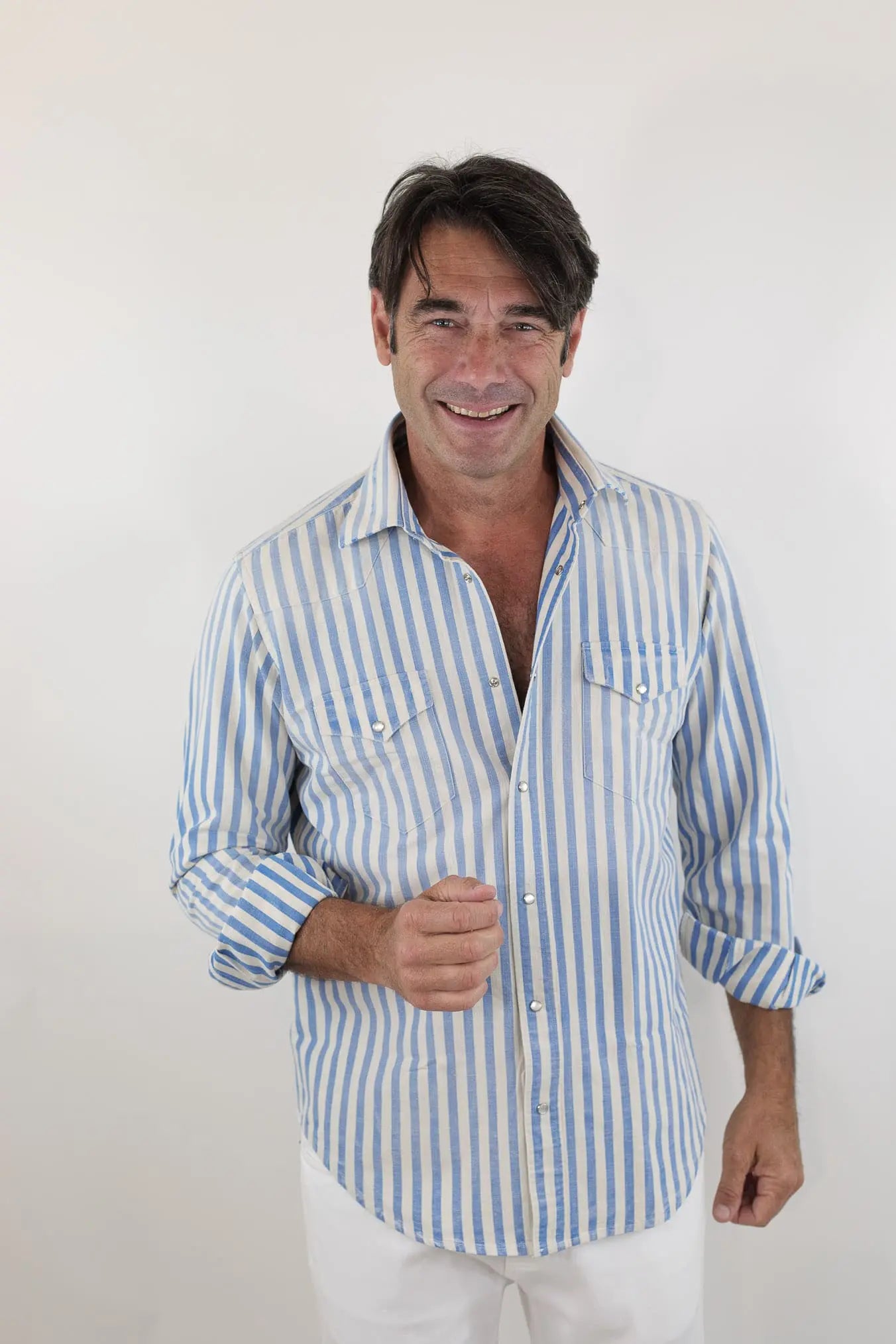 SARTORIO Camicia Texana Washed Cotone Righe Blu