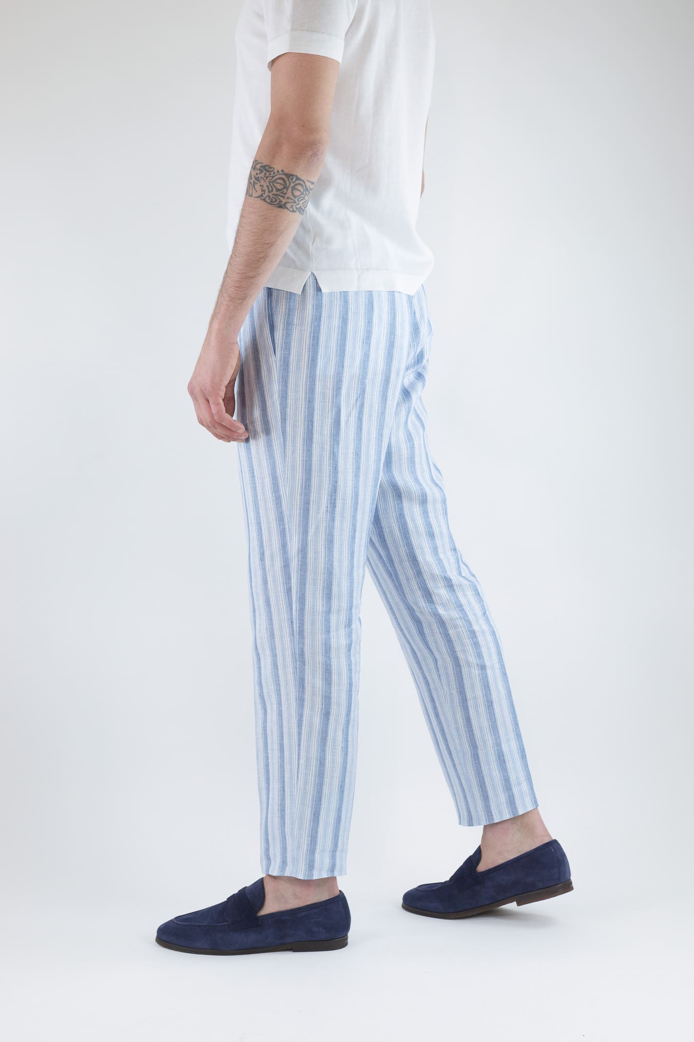 TAGLIATORE Pantaloni Coulisse Righe Lino Blu Celesti