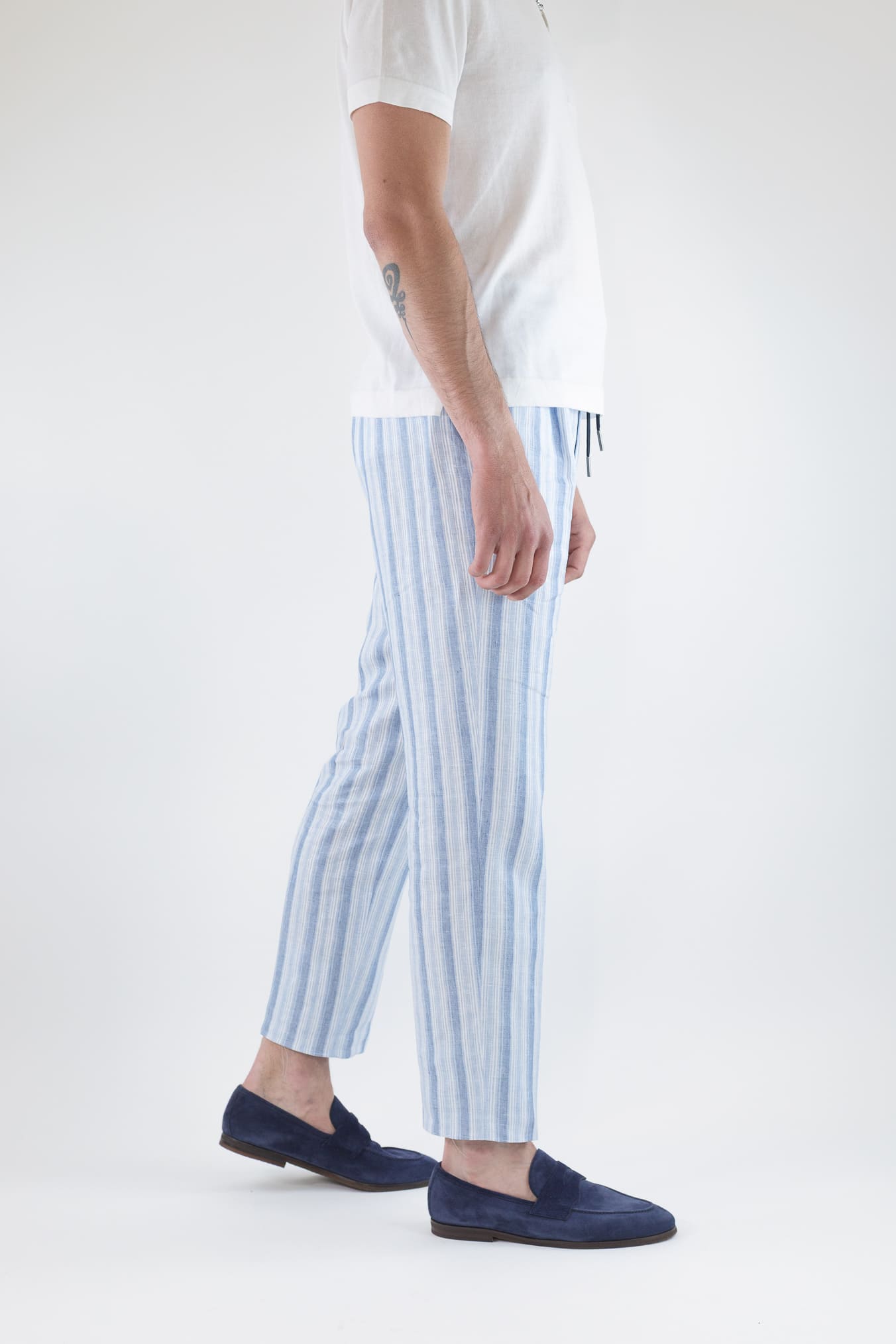 TAGLIATORE Pantaloni Coulisse Righe Lino Blu Celesti