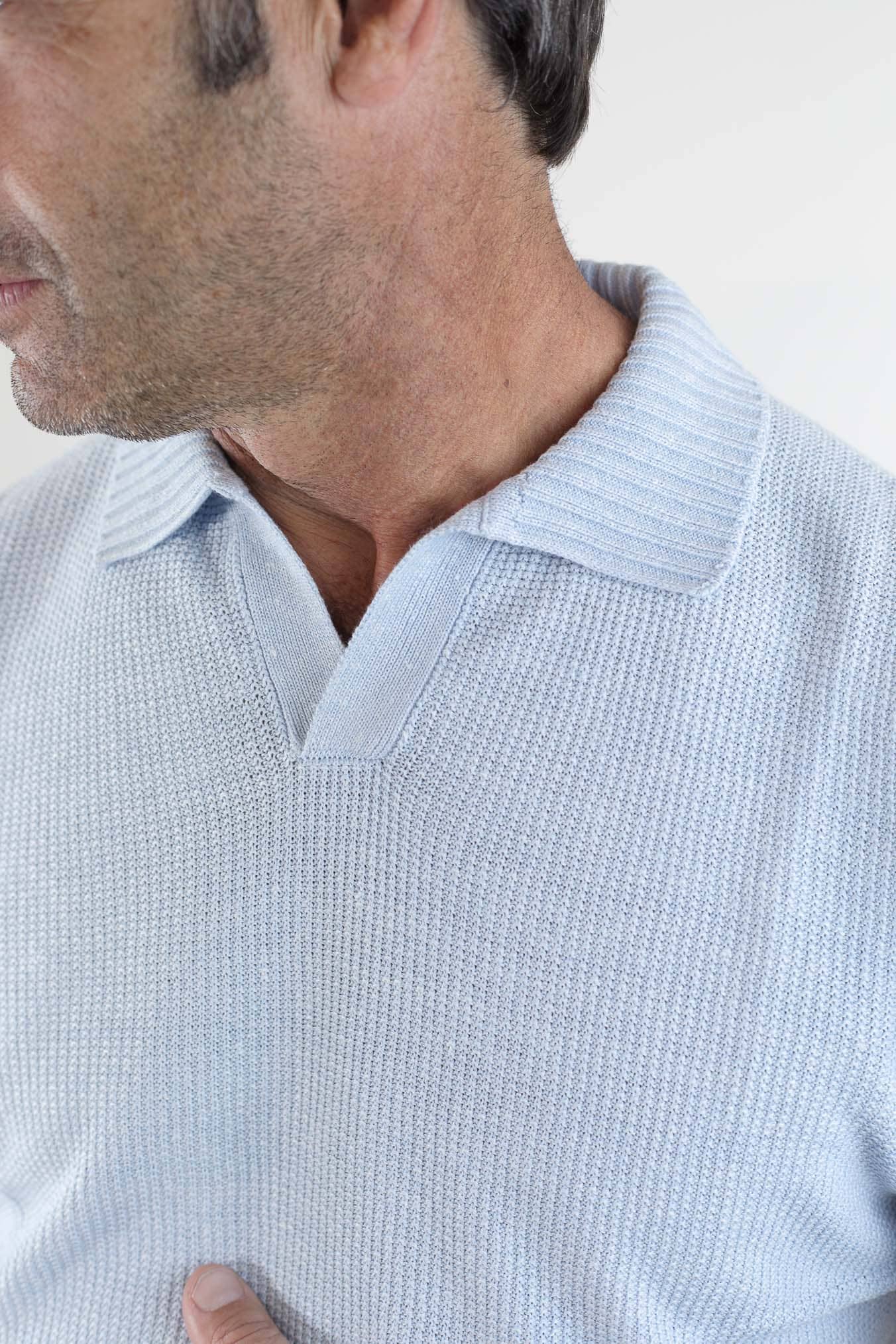 Polo Maniche Corte Lino Cotone Celeste - Guarino Store